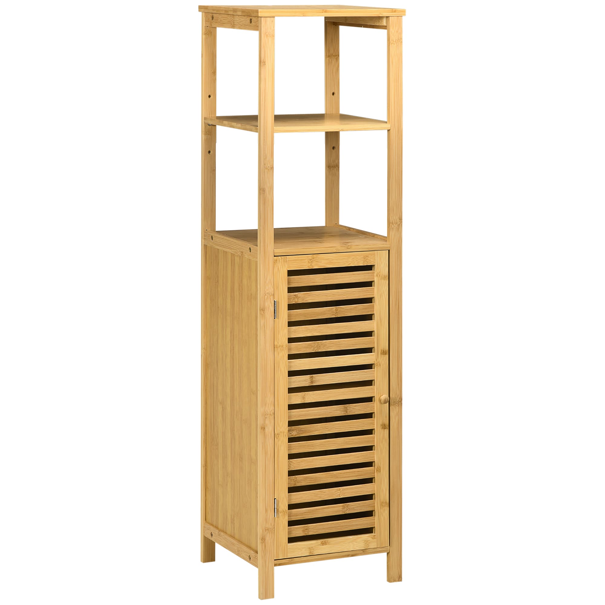 kleankin Meuble colonne salle de bain en bambou 2 étagères ouvertes et placard, 32,9 x 29,9 x 120 cm, effet bois naturel
