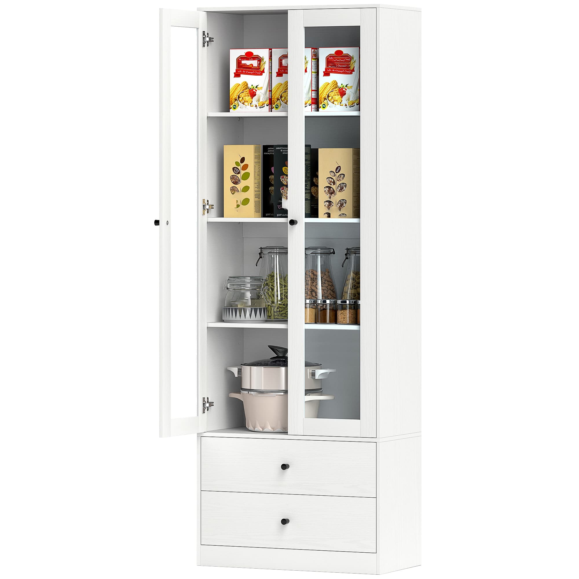 HOMCOM Meuble de rangement moderne avec placard à portes vitrées, étagères réglables et 2 tiroirs, 59 x 30 x 164 cm, blanc