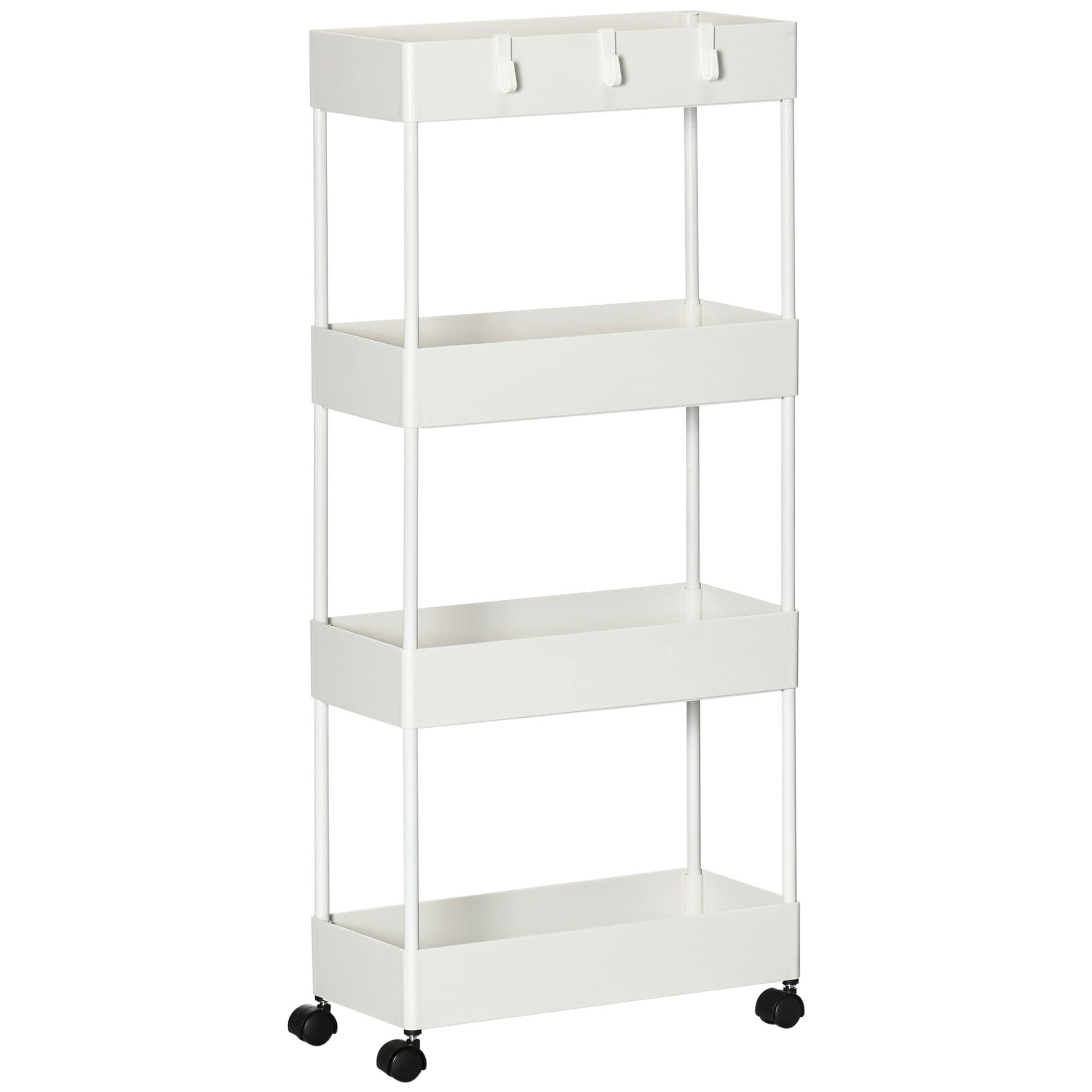 HOMCOM Desserte chariot de rangement 4 niveaux à roulettes avec paniers et crochets amovibles, blanc