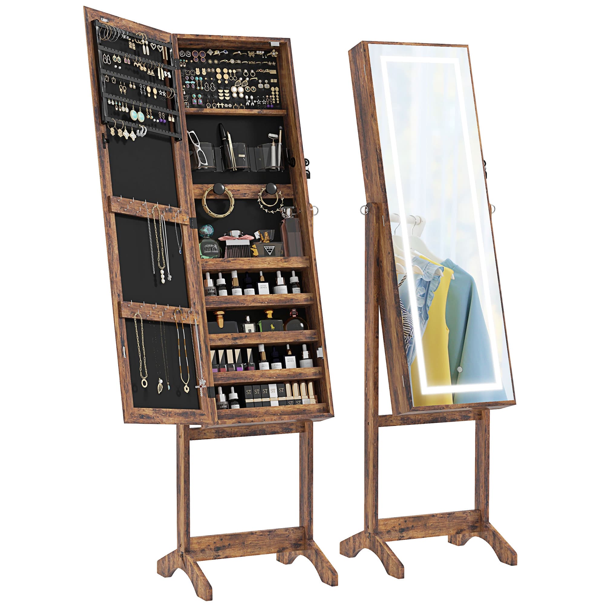 HOMCOM Armoire à bijoux LED avec miroir sur pied range bijoux avec éclairage à écran tactile marron