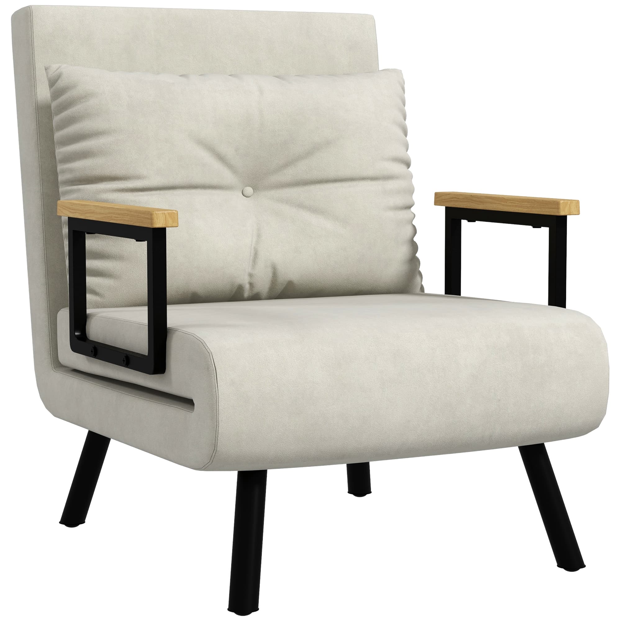 HOMCOM Fauteuil convertible 4 en 1 lit 1 place dossier 5 positions, accoudoirs en bois et coussin, tissu effet velours, crème