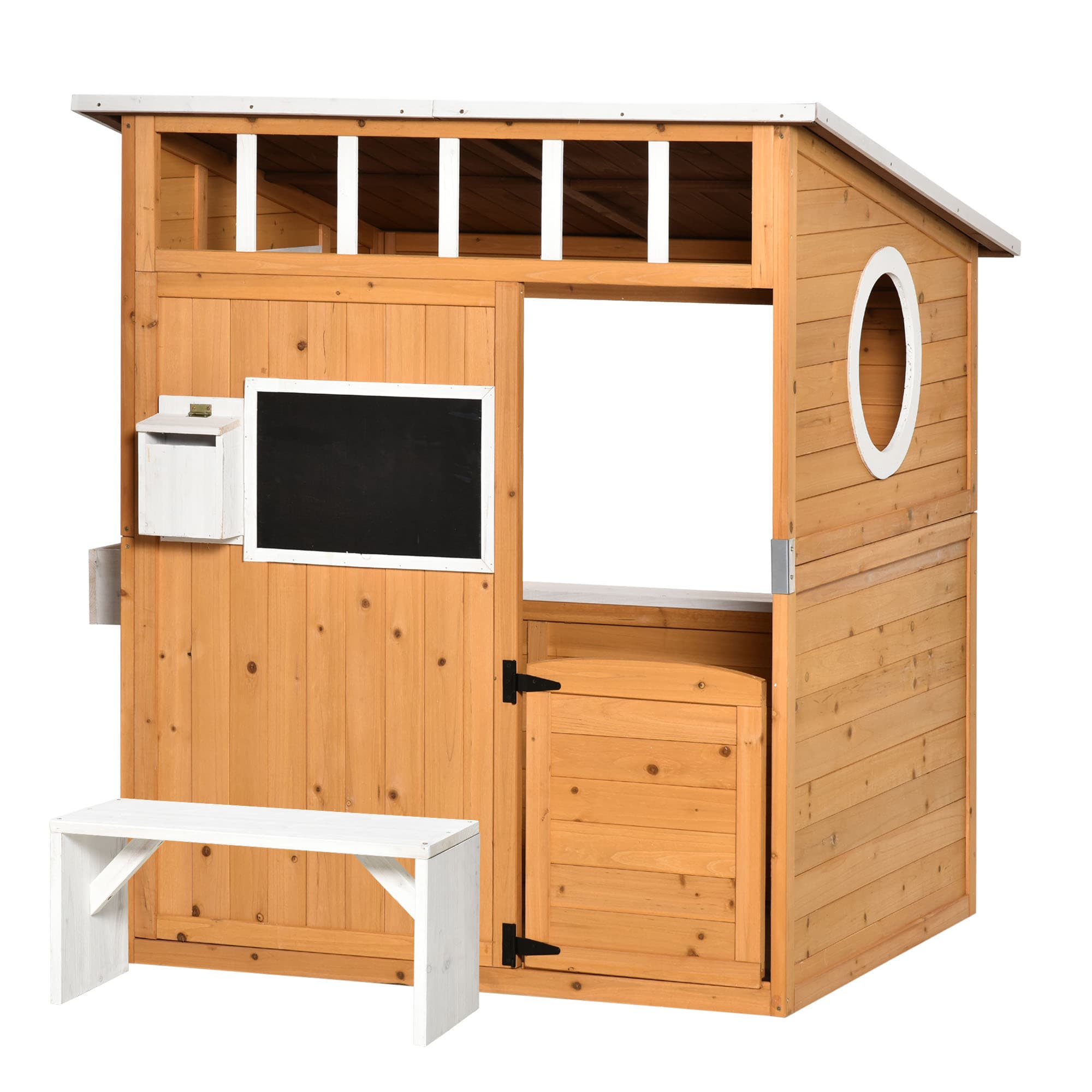 Outsunny Cabane de jeu pour enfant maison de jardin en bois porte et fenêtres, banc, boite aux lettres, tableau, de 3 à 8 ans
