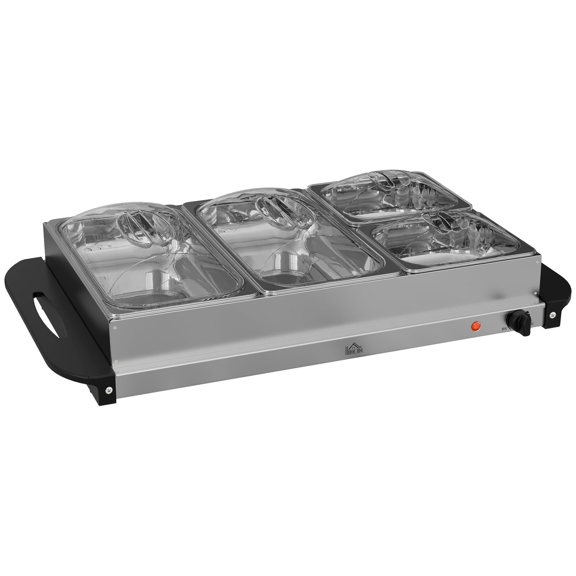 HOMCOM Chauffe-plats électrique acier inoxydable 300 W capacité 2 x 2,4 L et 2 x 1 L plaque chauffante et températur réglable