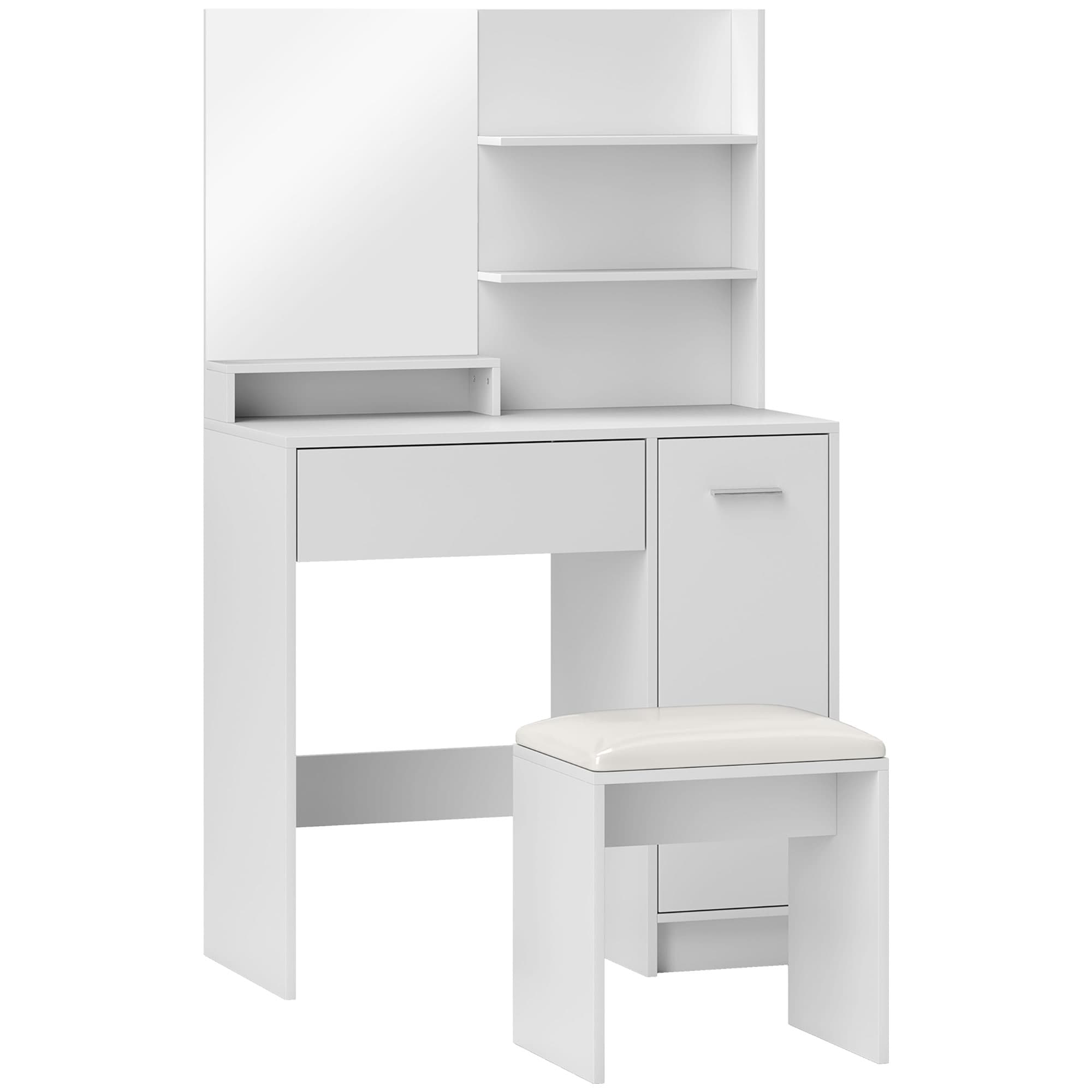 HOMCOM Ensemble coiffeuse avec miroir et tabouret, tiroir, armoire étagère réglable pour la chambre 80l x 40P x 132H cm, blanc