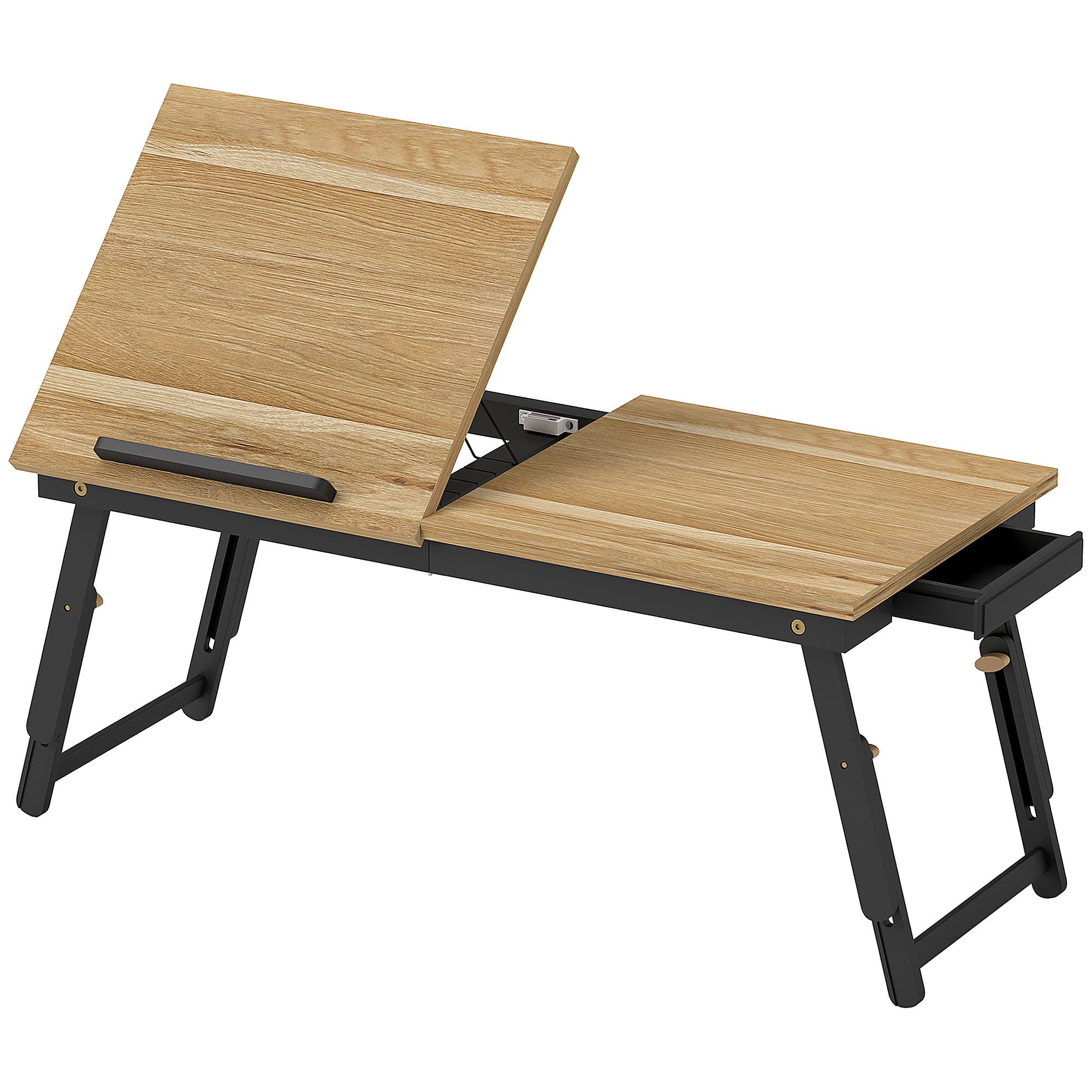 HOMCOM Table de lit pliable et réglable, plateau de lit pour ordinateur portable en bambou - plateau inclinable, tiroir, chêne