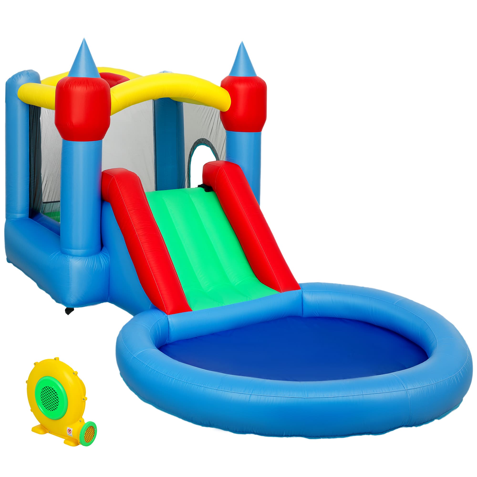 AIYAPLAY Château gonflable 4 en 1 avec toboggan, panier de basket, piscine à balles, souffleur 370W, 415 x 205 x 190 cm