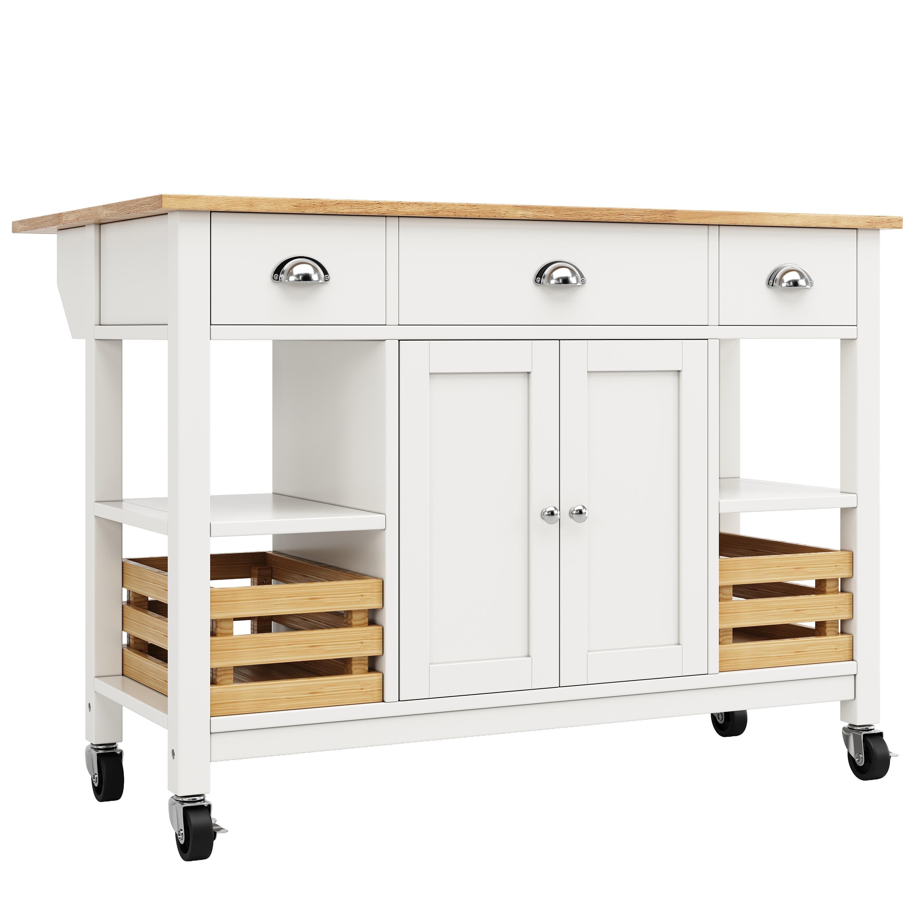 Îlot central cuisine, îlot de cuisine, Desserte cuisine, Desserte à roulette avec côtés rabattables, 120×45×90 cm, Couleur naturelle + Blanc