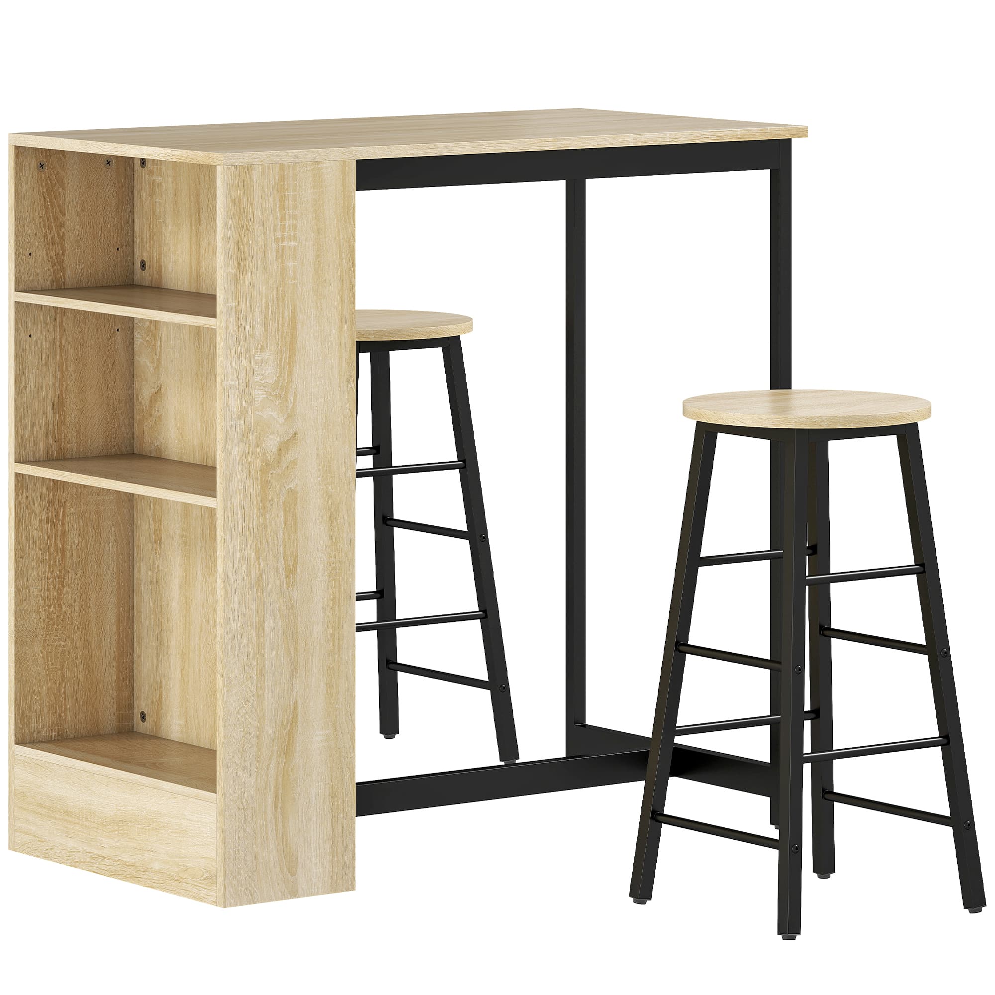 HOMCOM Ensemble table de bar avec tabourets, compartiments ouverts, étagère réglable et repose-pieds, chêne et noir