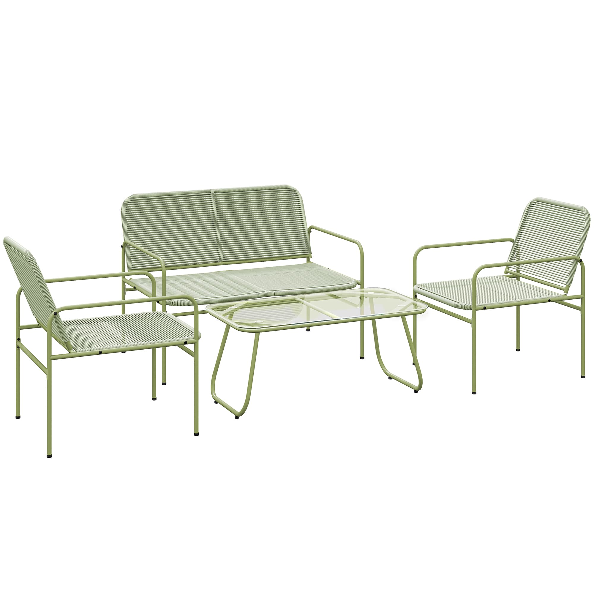 Outsunny Salon de Jardin extérieur résine tressée 4 places, canapé 2 places, 2 chaises, table en verre trempé cadre acier vert