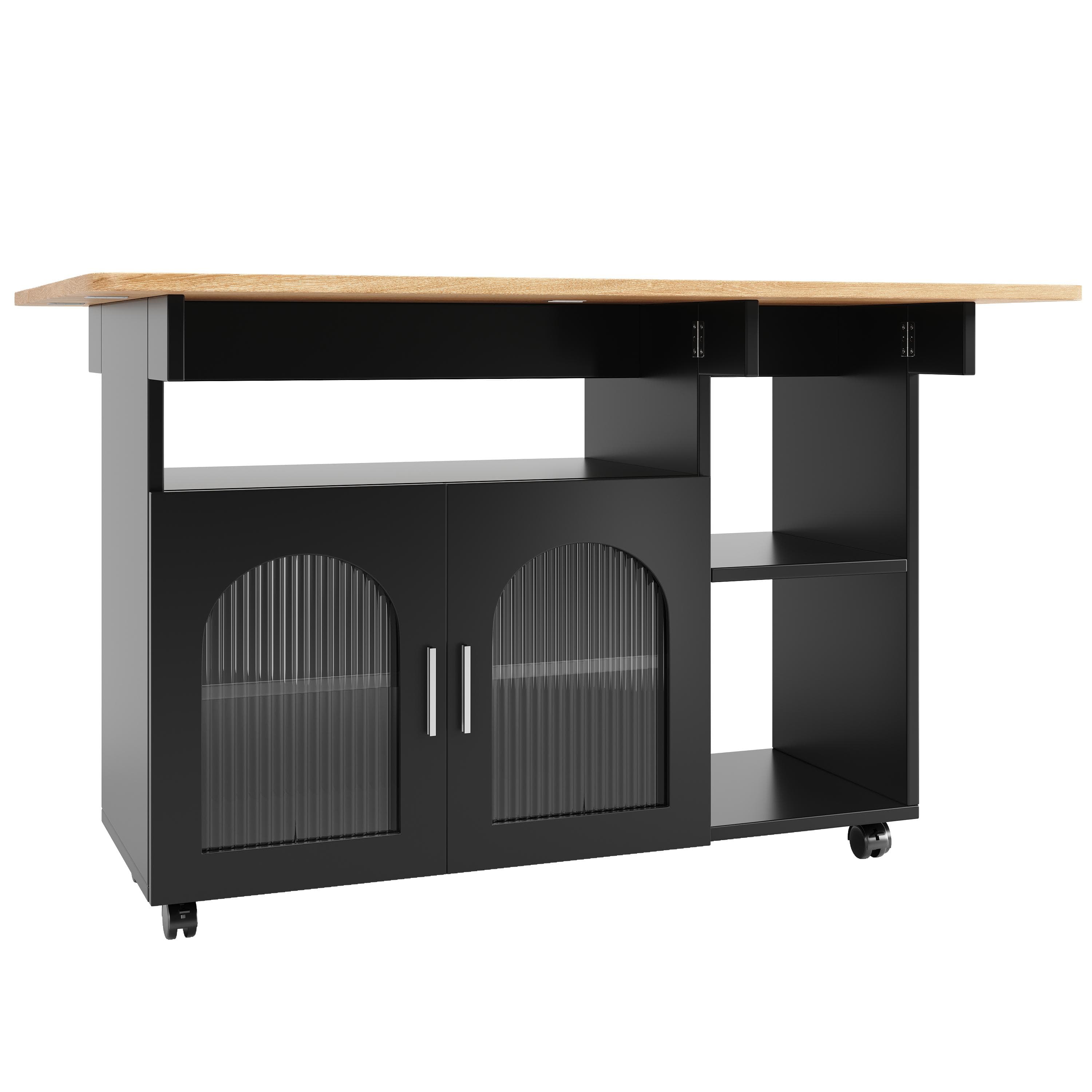 Îlot de cuisine moderne, chariot de service multifonctionnel avec espace de rangement et armoires à porte vitrée, 120×30×79,5 cm, Noir+Couleur naturelle