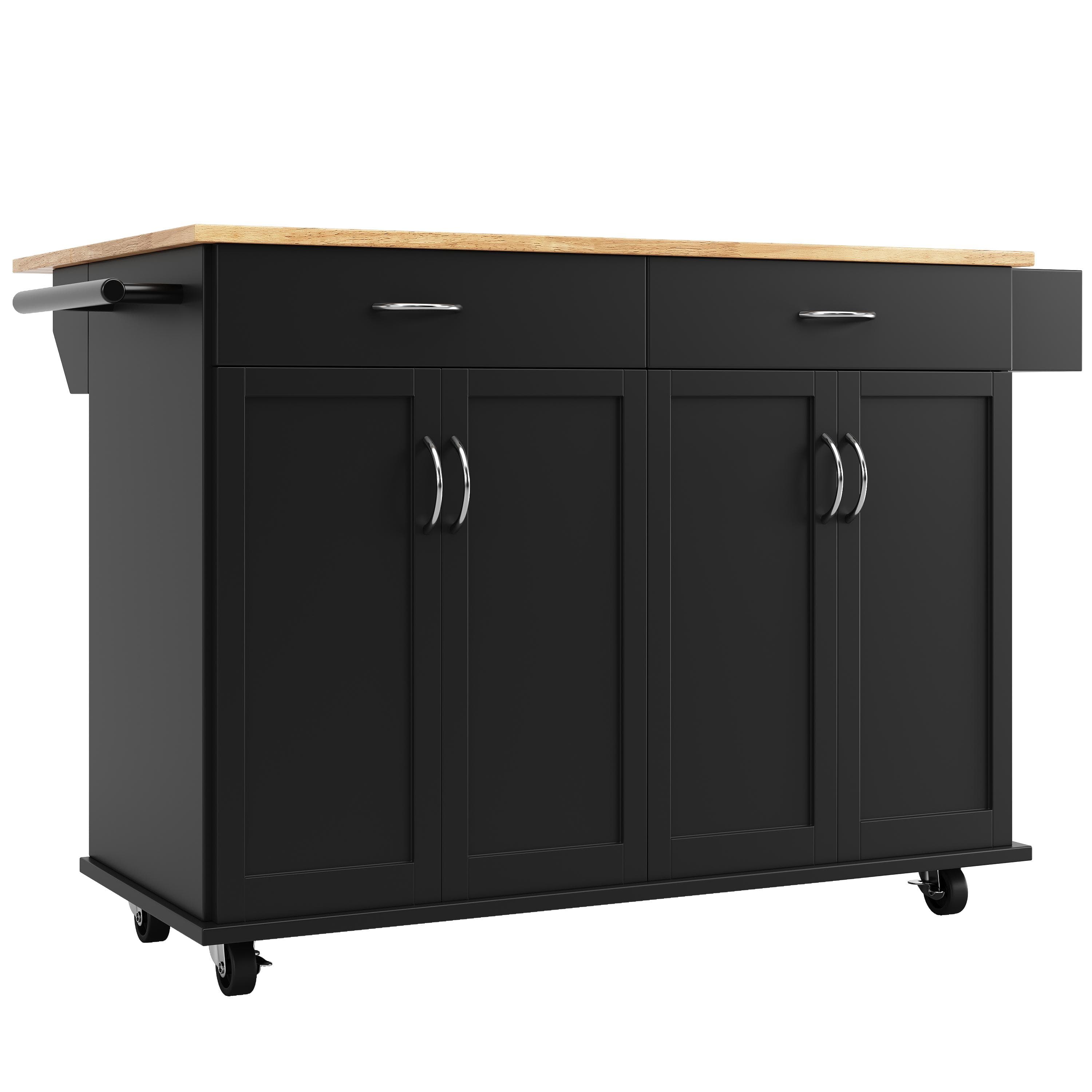 Îlot de cuisine moderne avec plateau de travail rabattable, espace de rangement multifonctionnel et roulettes, 106x50x90,5 cm, Noir