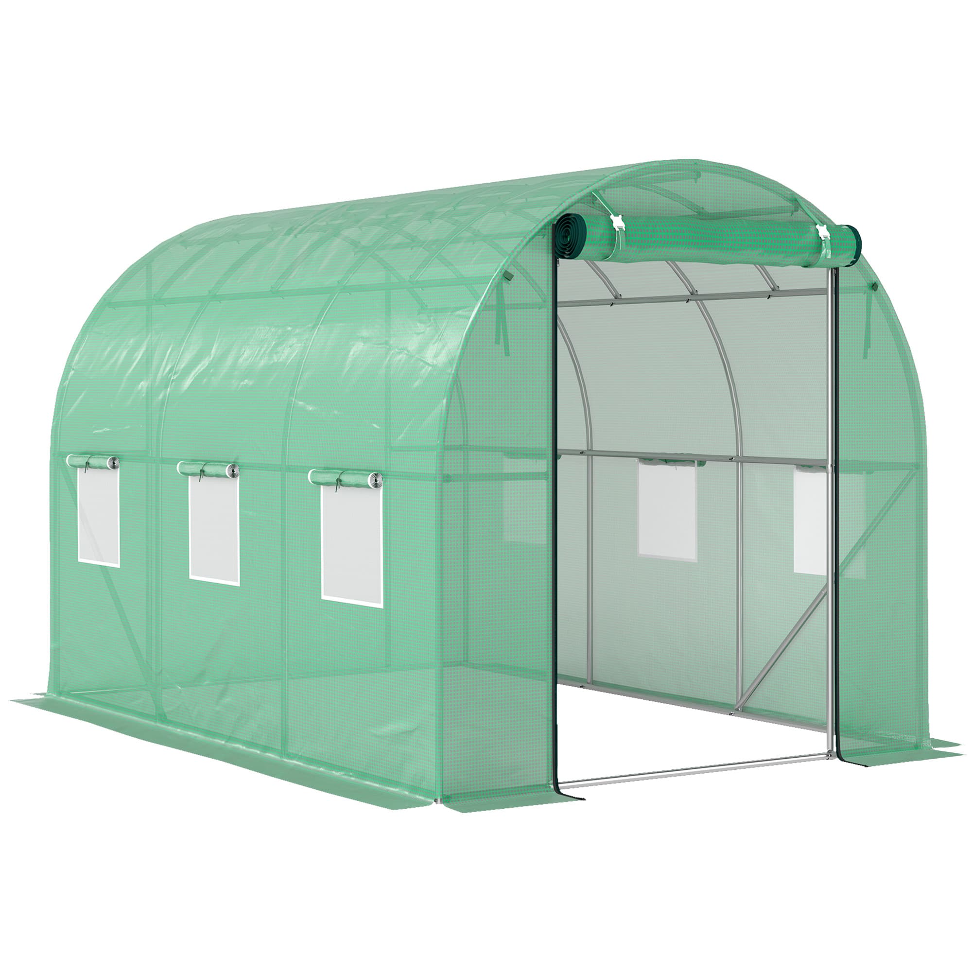 Outsunny Serre tunnel de jardin 3 x 2 x 2 m avec porte enroulable et grandes fenêtres, en acier galvanisé et PE, vert