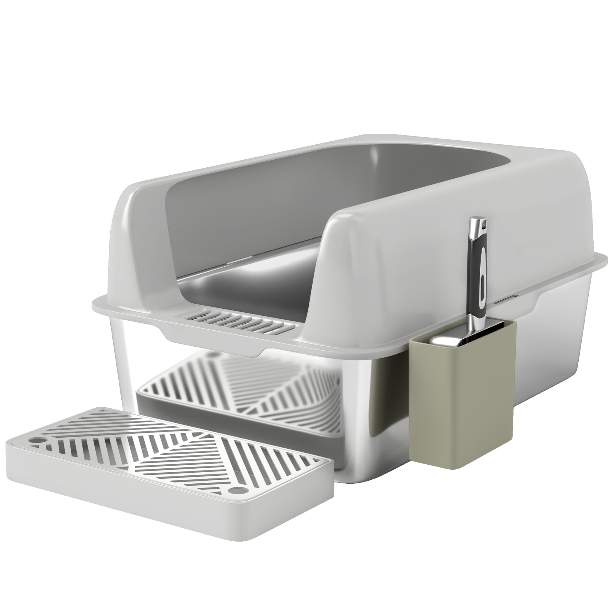 PawHut Bac à litière pour chat en acier inoxydable facile à nettoyer avec bords hauts anti-fuite d'urine, pelle inclus, gris
