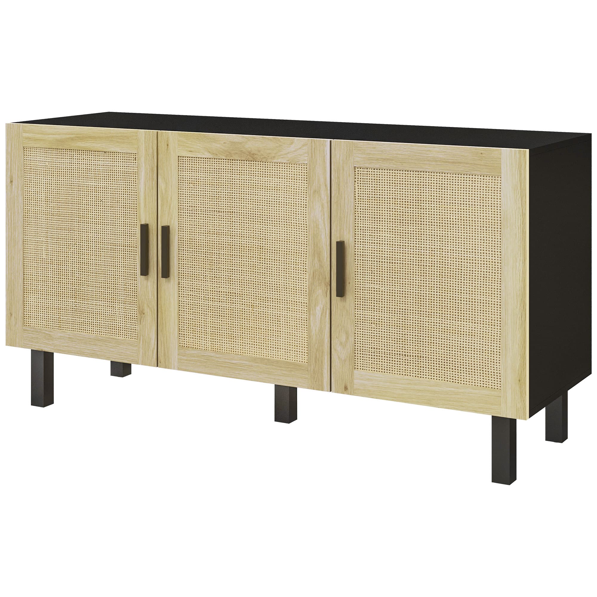 HOMCOM Meuble de rangement avec placards à portes effet cannage, étagères réglables, 136 x 41 x 70 cm, noir et bois naturel