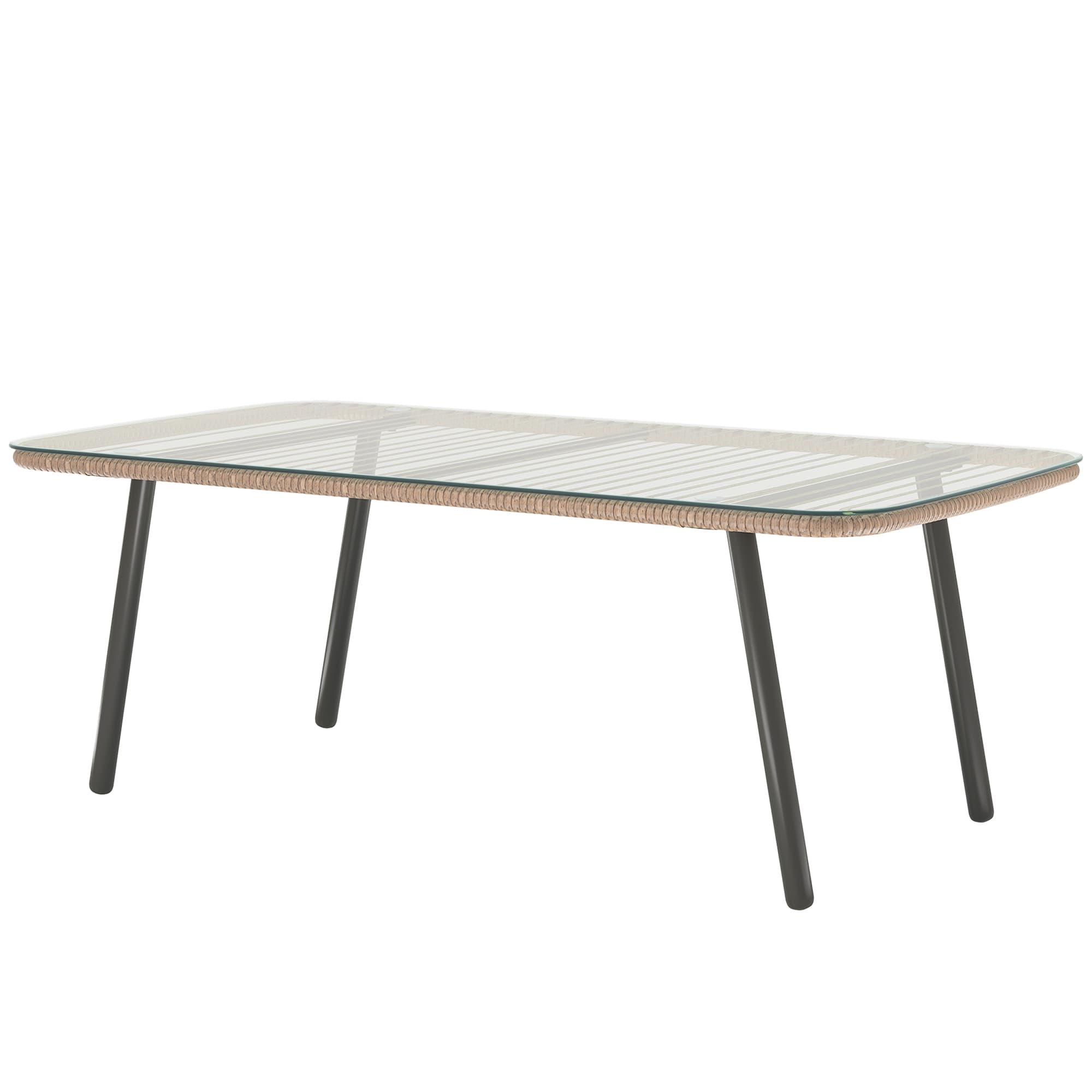 Outsunny Table basse de jardin avec plateau verre trempé 5 mm, table d'appoint pour extérieur, cadre en acier, effet bois naturel