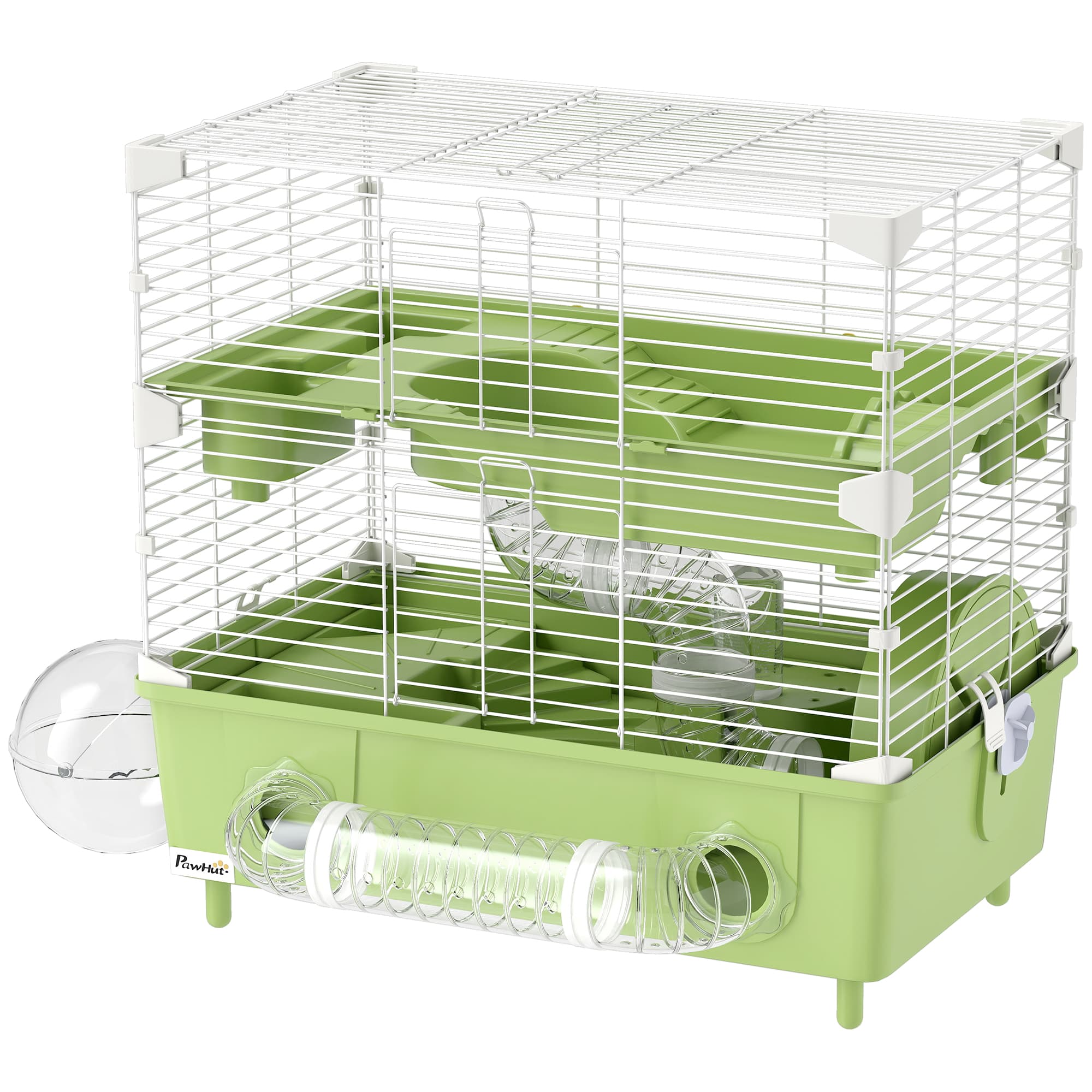 PawHut Cage pour hamster à 2 niveaux avec roue de course salle de bain en sable pour hamster nain 44,5 x 28 x 44 cm vert