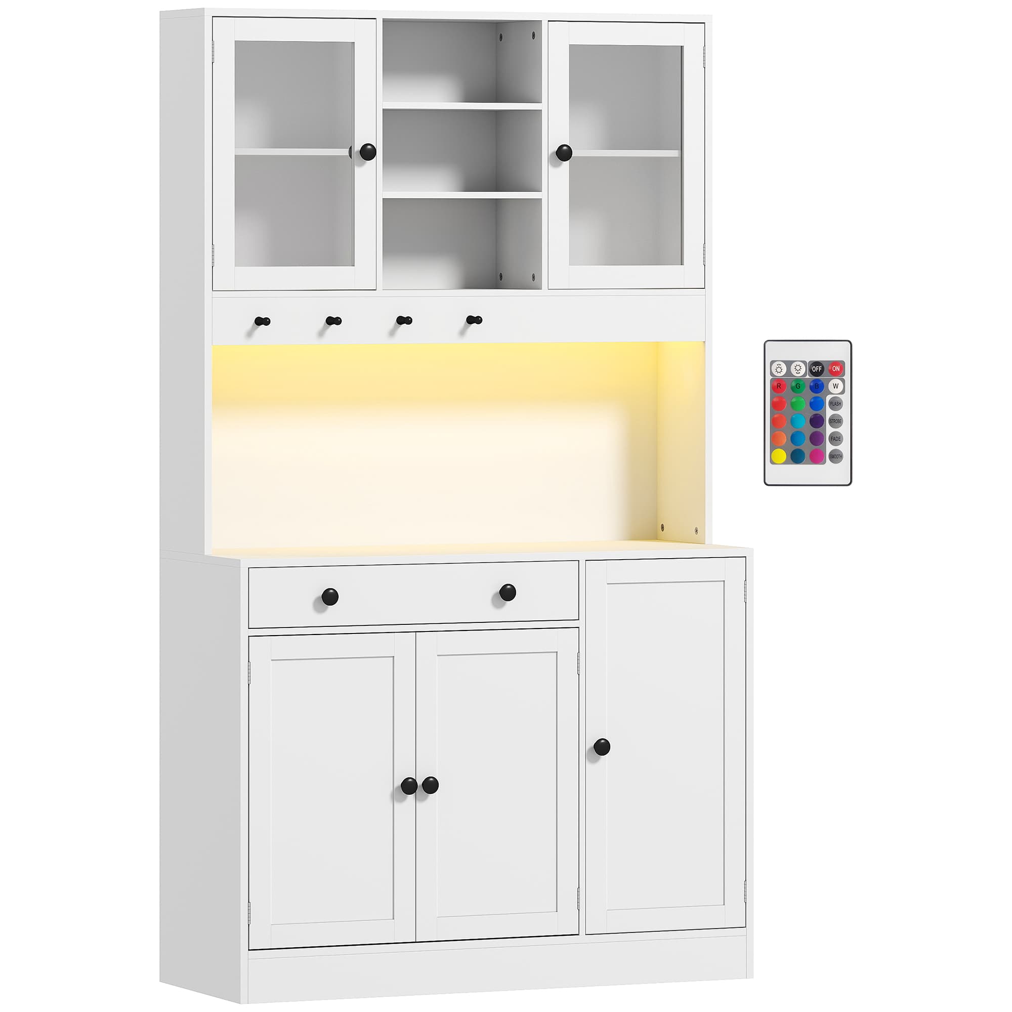 HOMCOM Meuble de rangement avec éclairage LED, placards et tiroir, portes vitrées, télécommande inclus, blanc