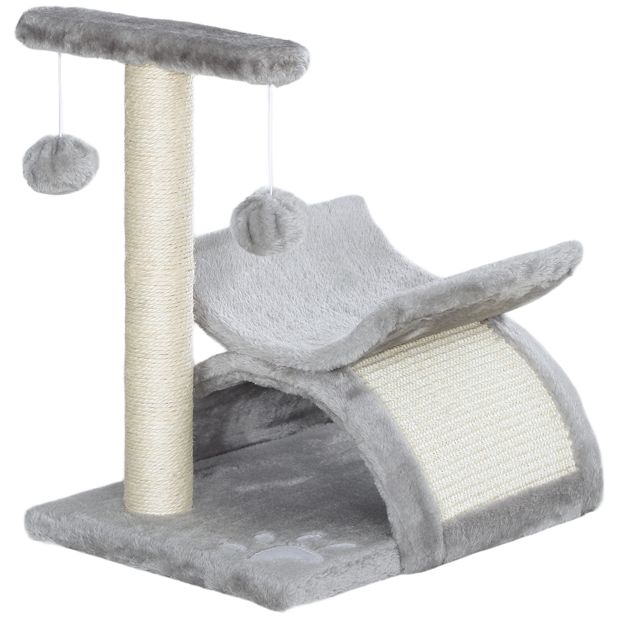 PawHut Arbre à chat, tour de jeux pour chats avec pont à griffer en sisal, tunnel demi-rond 2 balles 40 x 30 x 43 cm gris