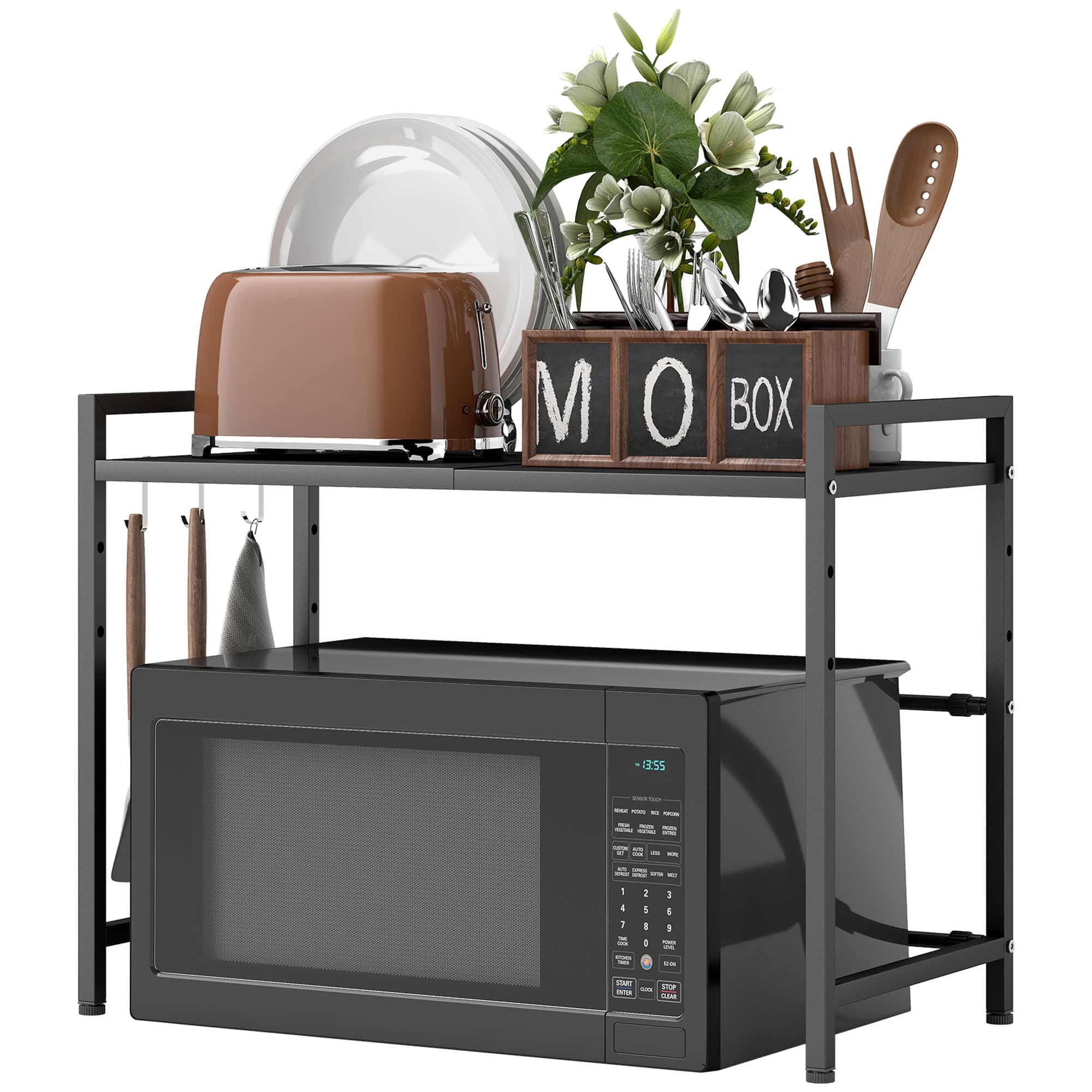 HOMCOM Étagère à micro-ondes extensible à 2 niveaux avec 3 crochets et cadre en métal, noir