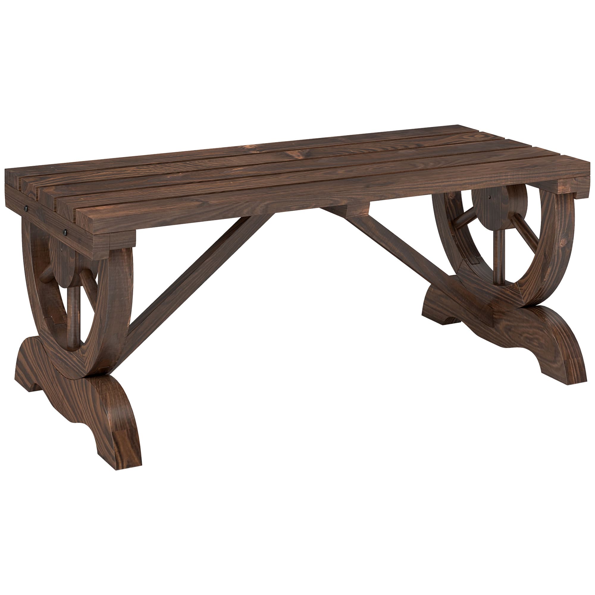 Outsunny Banc de jardin en bois avec assise à lattes, roue décorative, pour patio terrasse balcon arrière-cour, marron