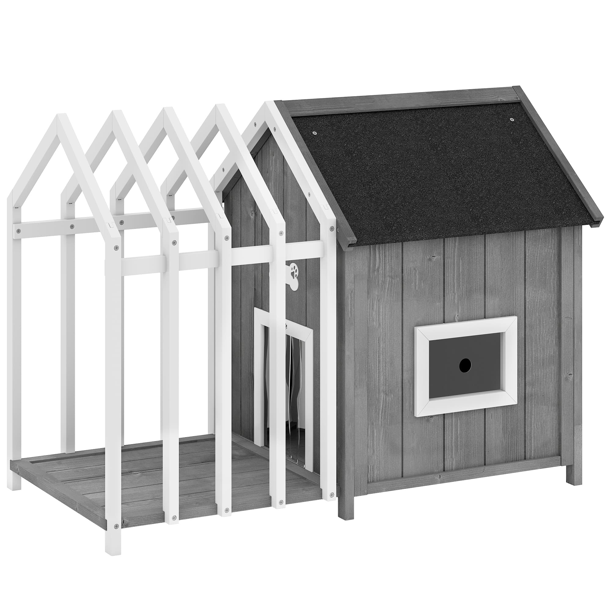 PawHut Niche pour chien extérieur en bois maison chien extérieur avec terrasse, porte à lamelles, 106 x 62,5 x 80,5 cm, gris
