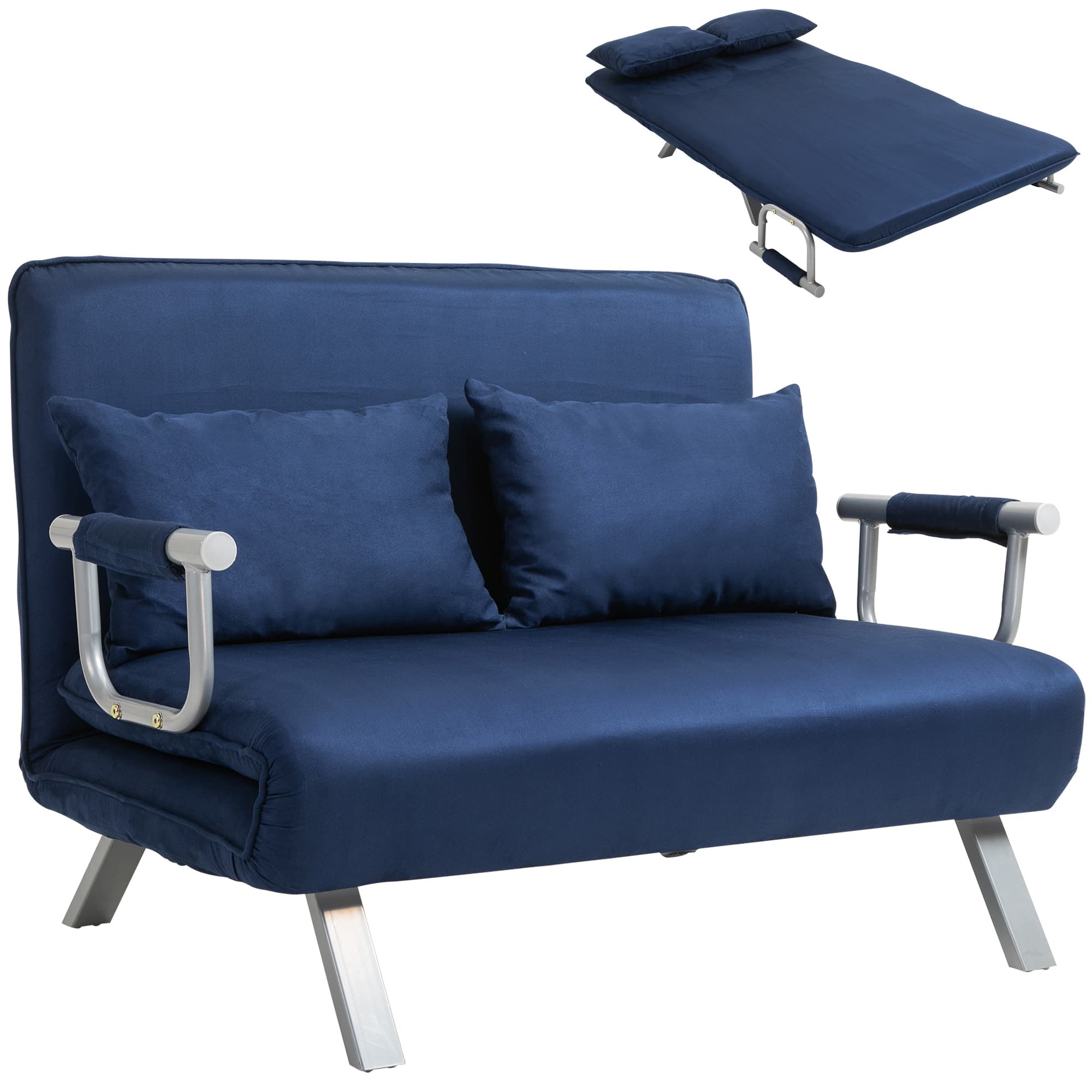 HOMCOM Canapé-lit canapé Convertible 2 Places déhoussable Grand Confort 2 Coussins fournis Pieds accoudoirs métal suède Bleu