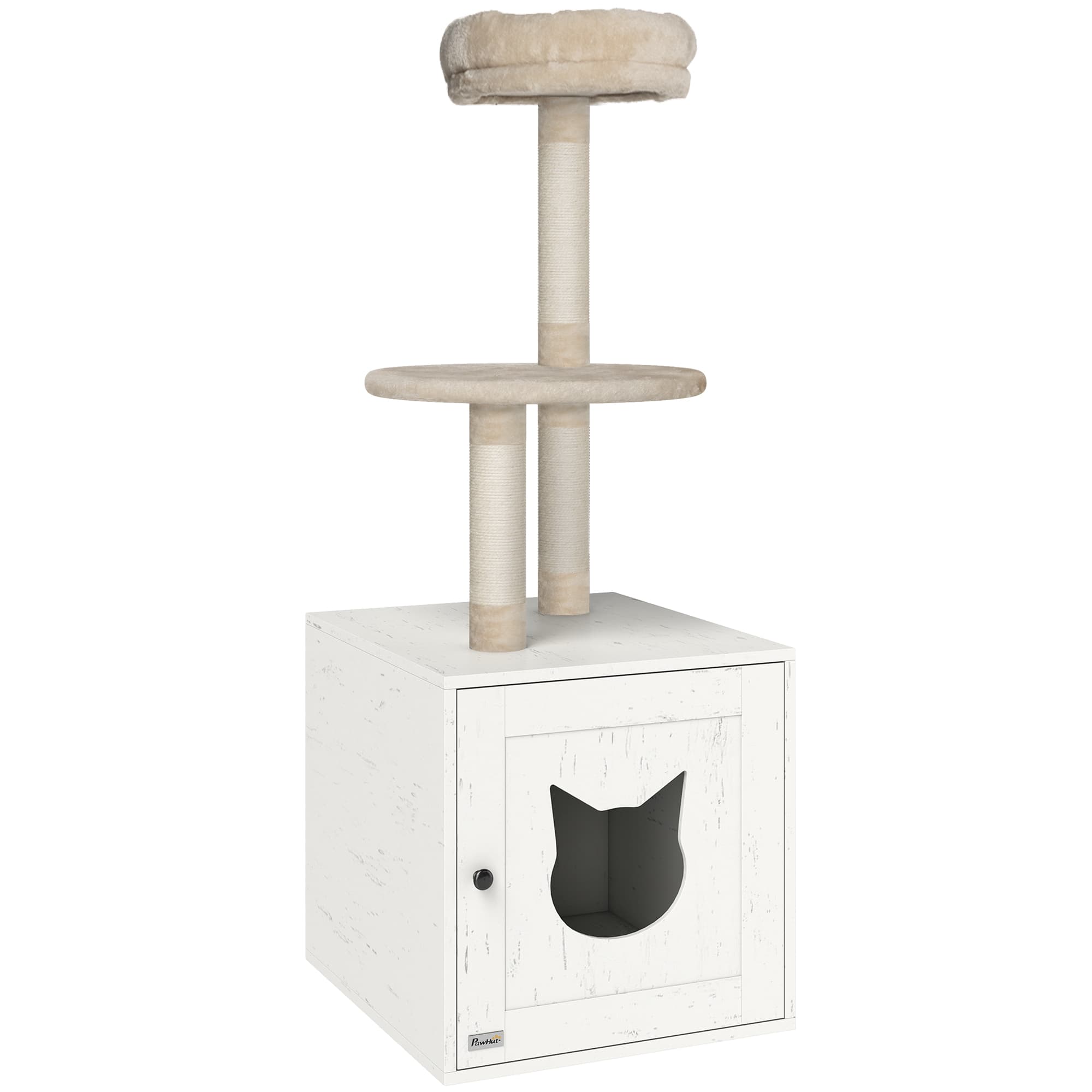 PawHut Arbre à chat avec maison de toilettes, tour de jeu 2-en-1 de 129 cm avec cache-litière, poteaux à griffer, crème