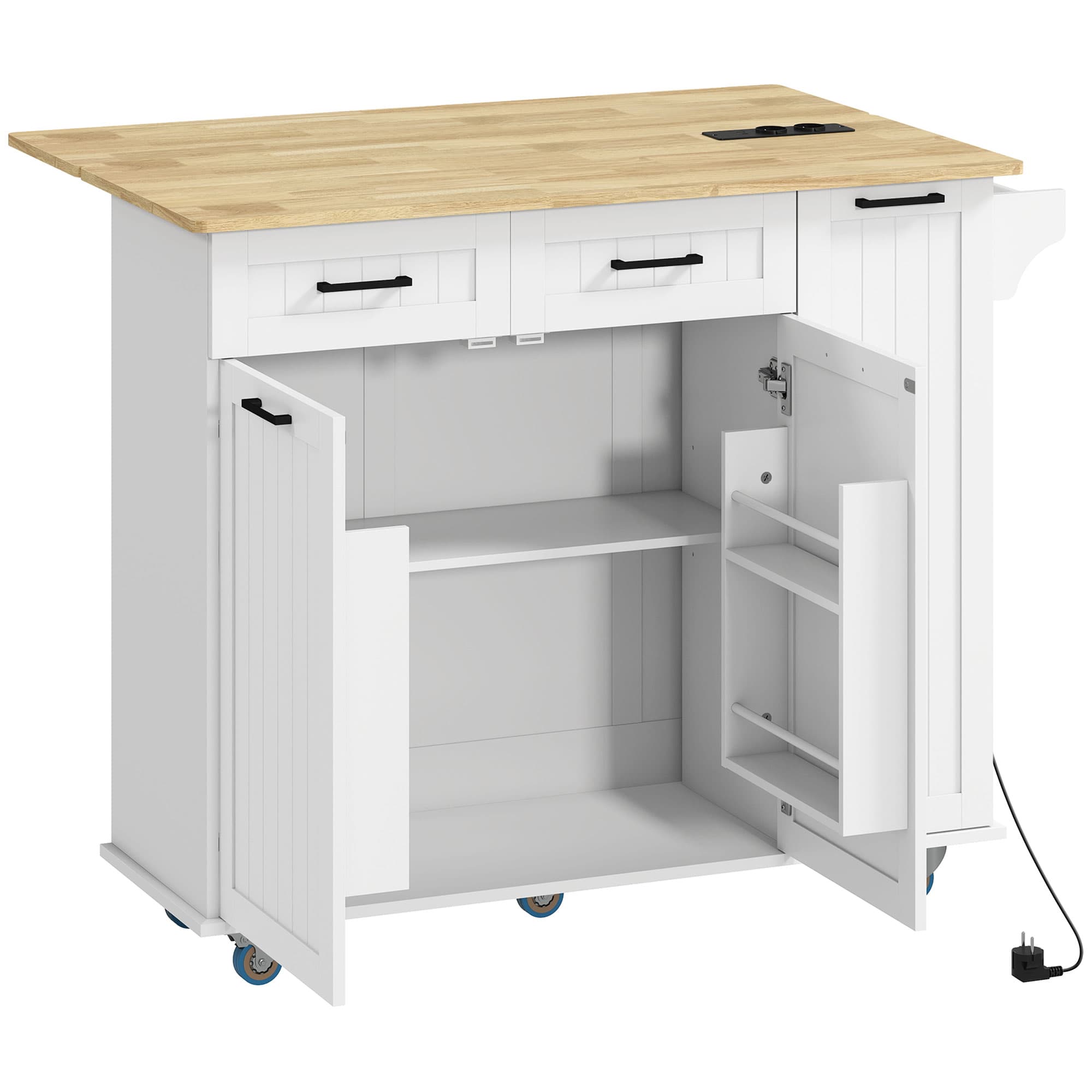HOMCOM Îlot central cuisine mobile avec prise de courant et port USB, tablette à abattant, étagère réglable blanc