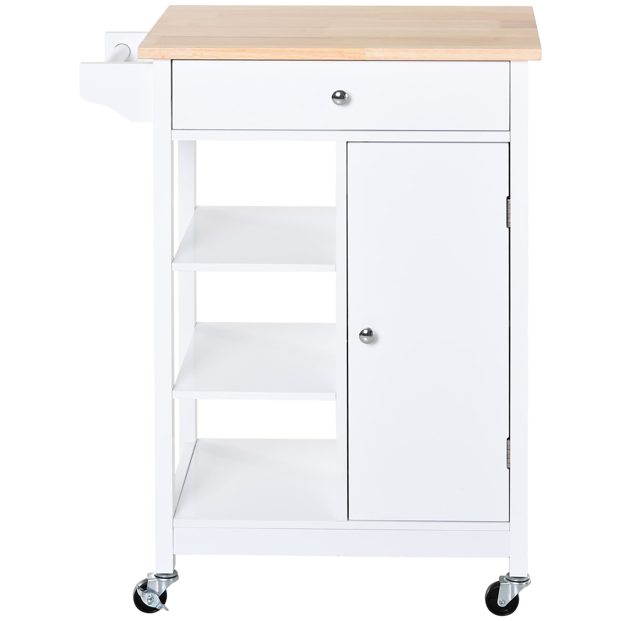 HOMCOM Desserte de cuisine à roulettes avec placard, tiroir, 3 étagères ouvertes et porte-serviettes, 66x39,5x86,5cm, blanc