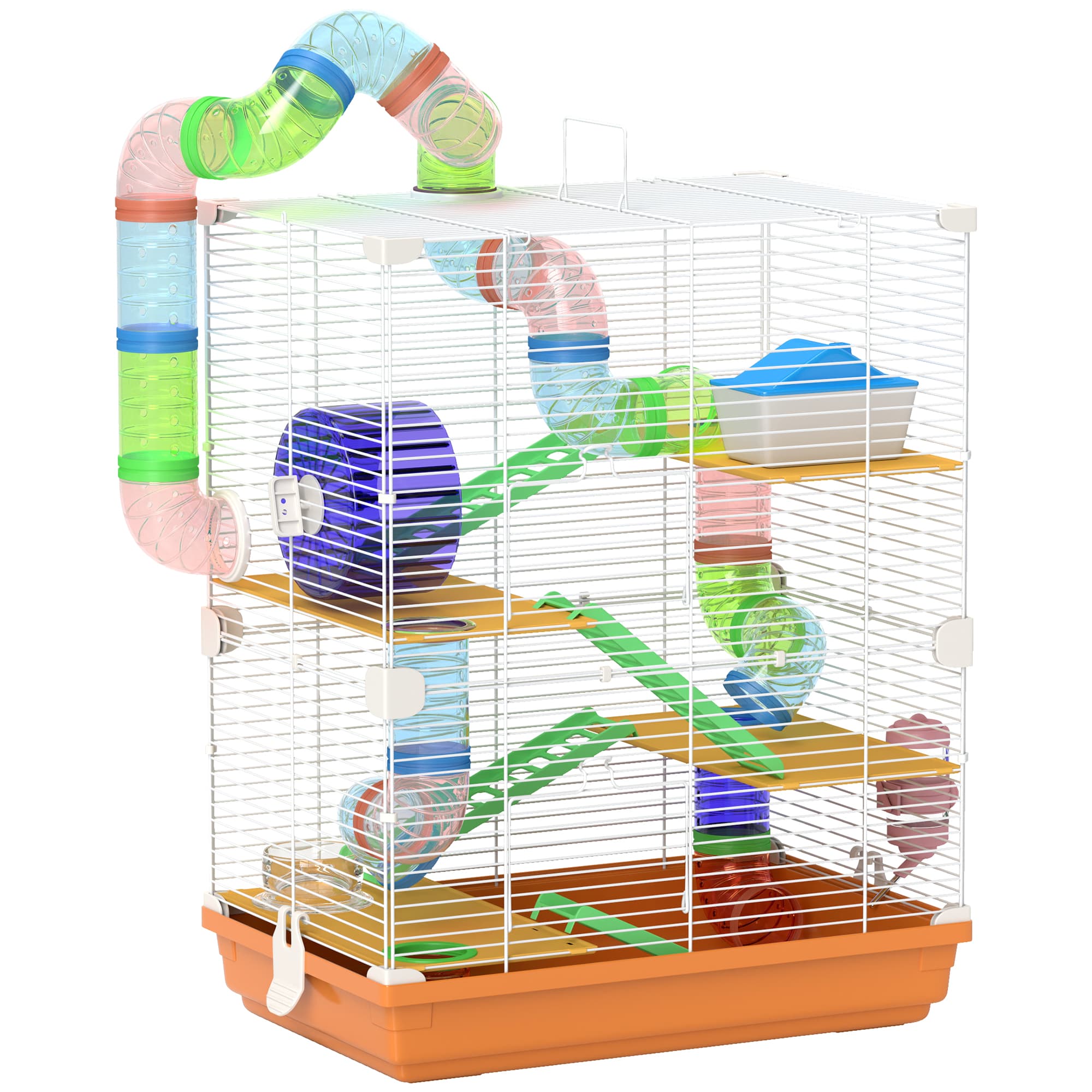 PawHut Cage pour hamster rongeur 4 étages avec tunnels mangeoire roue maison échelles dim. 46L x 30l x 58H cm orange