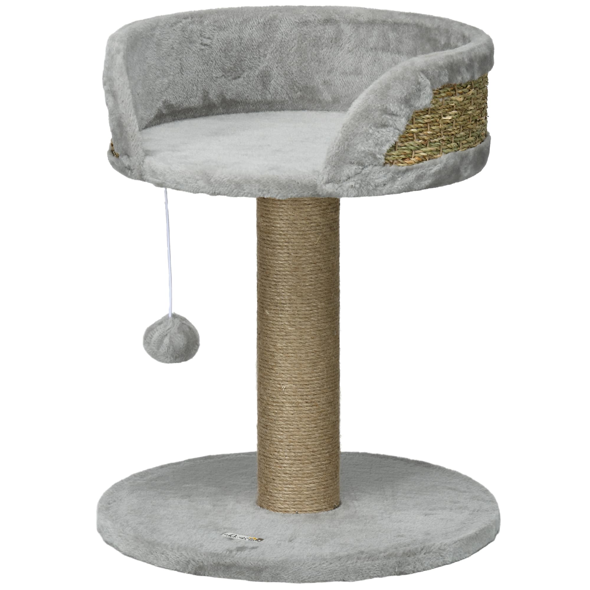 PawHut Arbre à chat arbre à grimper grattoir design jeu pompon suspendu + plateforme peluche 40 x 40 x 49 cm jute gris