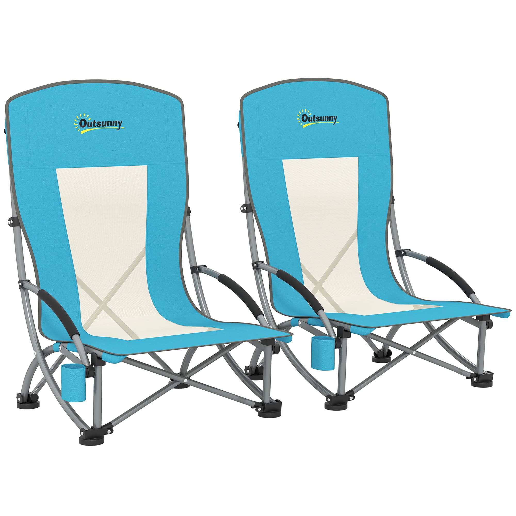 Outsunny Lot de 2 chaises de plage pliable chaises camping pliante légère sac de transport porte-gobelet 70 x 58 x 79 cm bleu