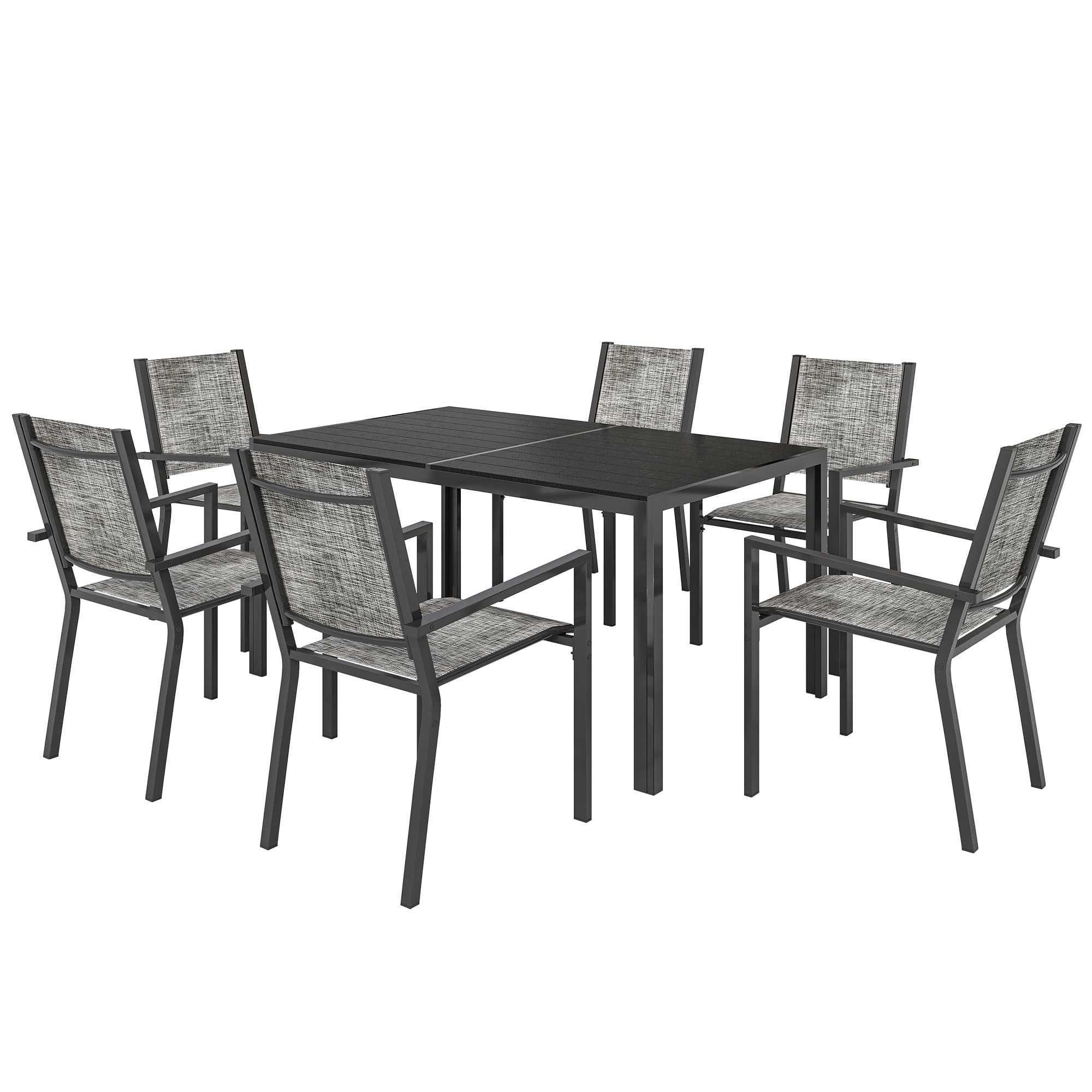 Outsunny Table de jardin extérieure avec 6 chaises empilables, plateau à lattes 150 cm, structure en acier anti-rouille, noir