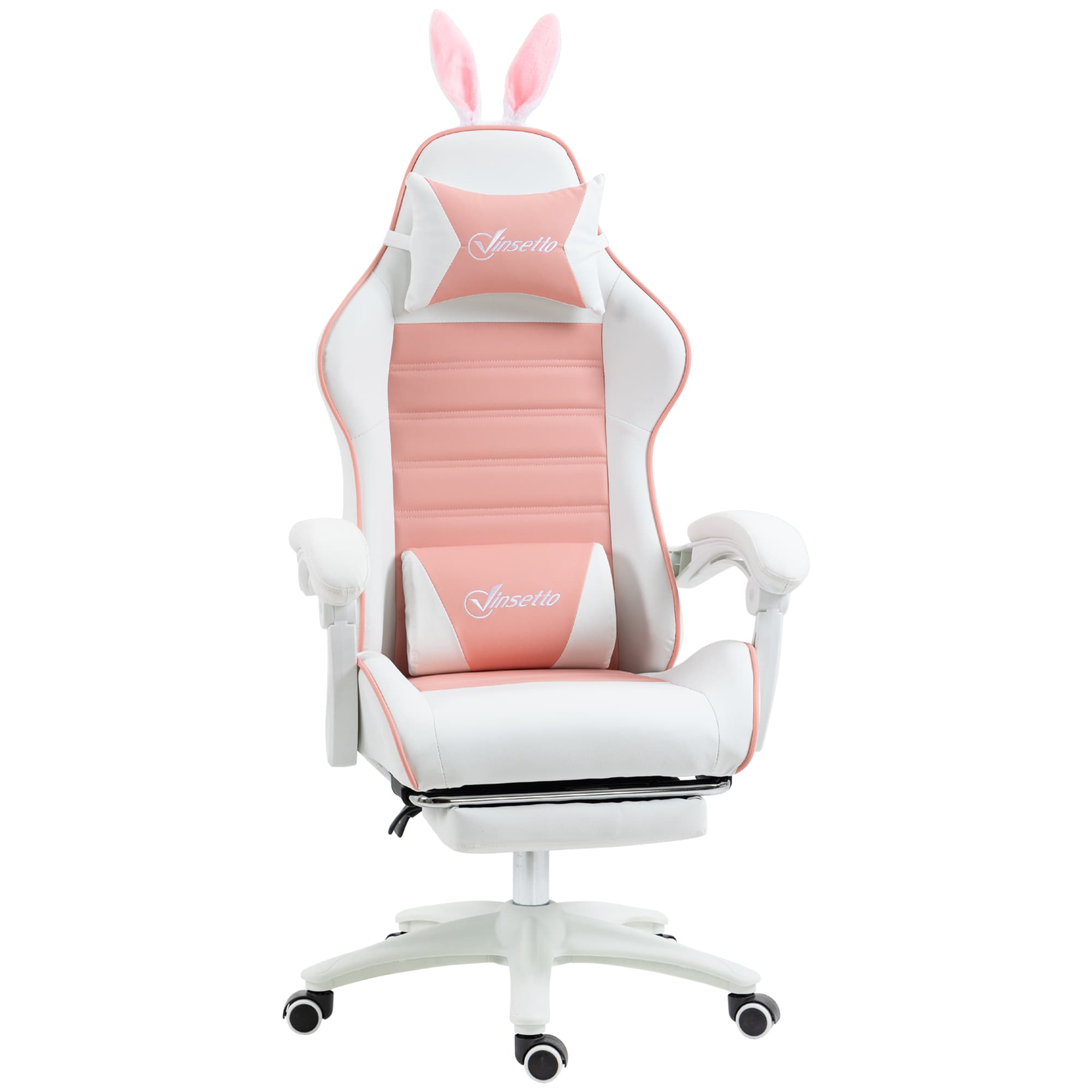 Vinsetto Chaise de gaming avec support lombaire, hauteur réglable, dossier inclinable, oreilles de lapin et appui-tête, rose