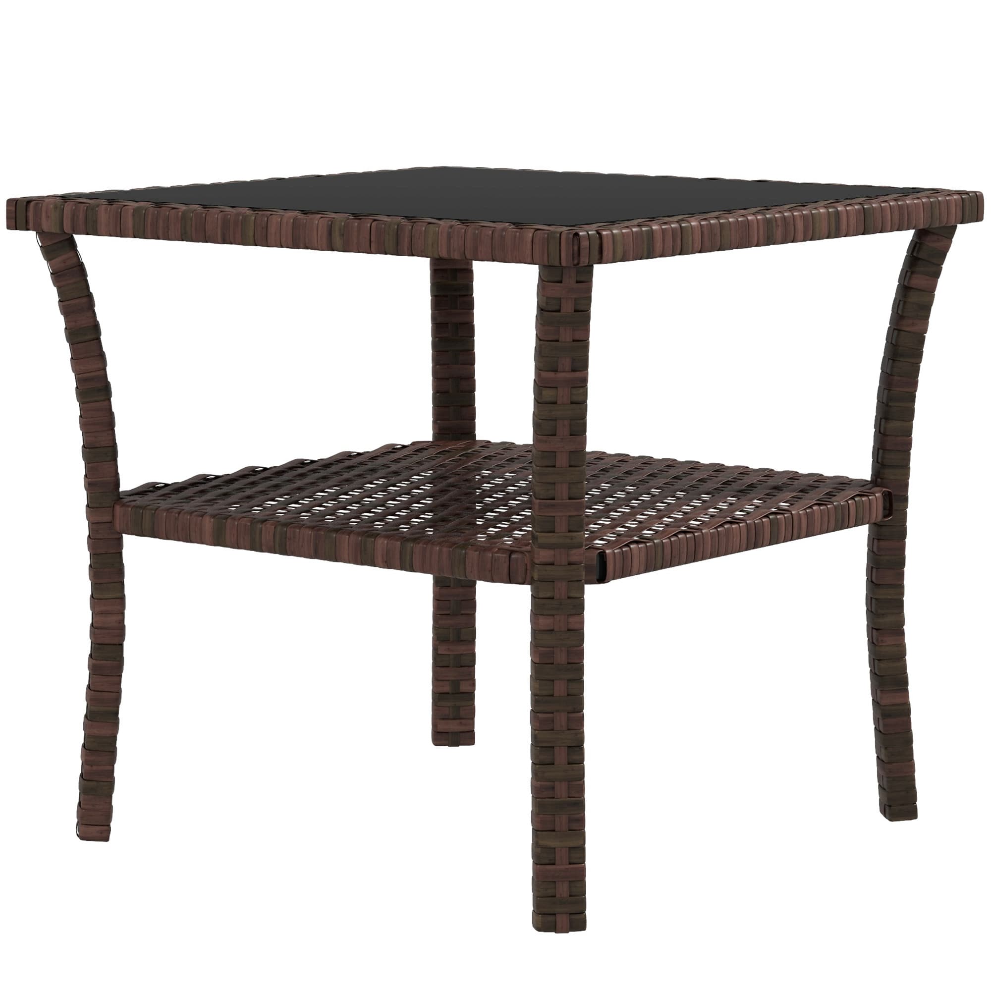 Outsunny Table d'appoint en résine tressée 2 niveaux 50x50x45cm, table basse de jardin carrée plateau en verre trempé, marron
