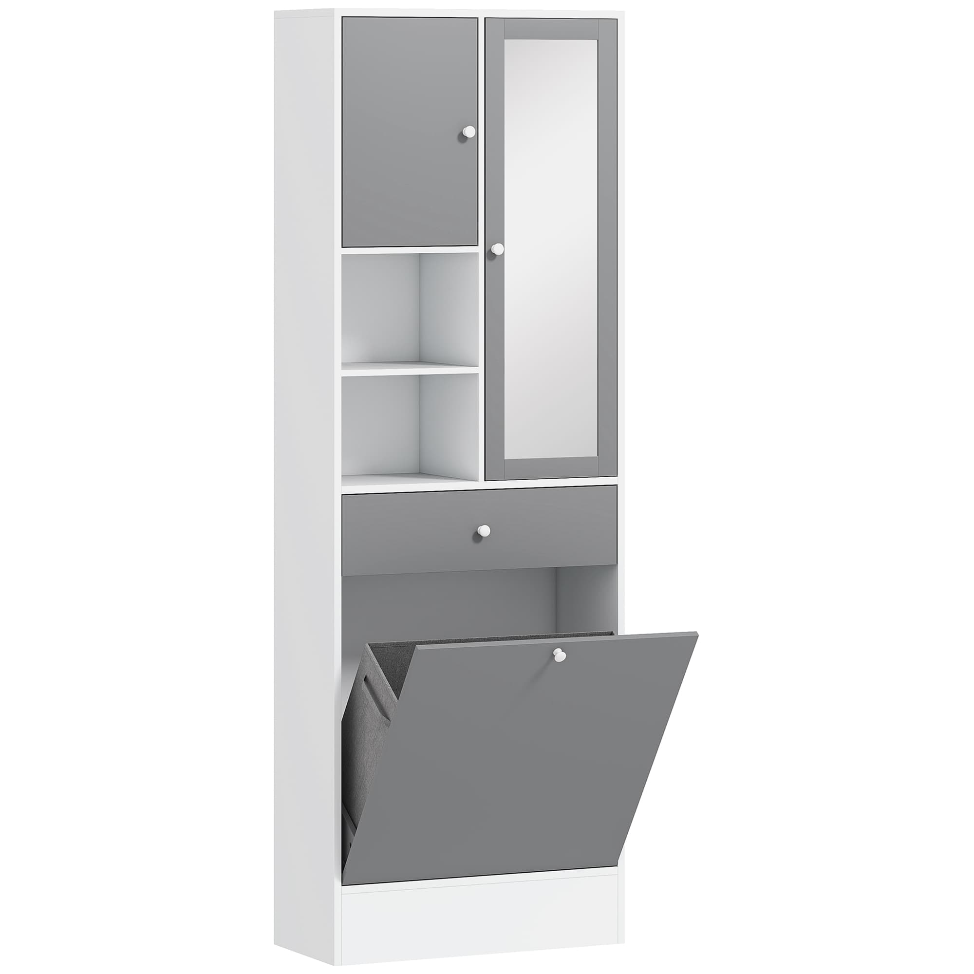 HOMCOM Meuble de salle de bain avec panier à linge et miroir étagère réglable 62 x 28,3 x 181 cm gris et blanc
