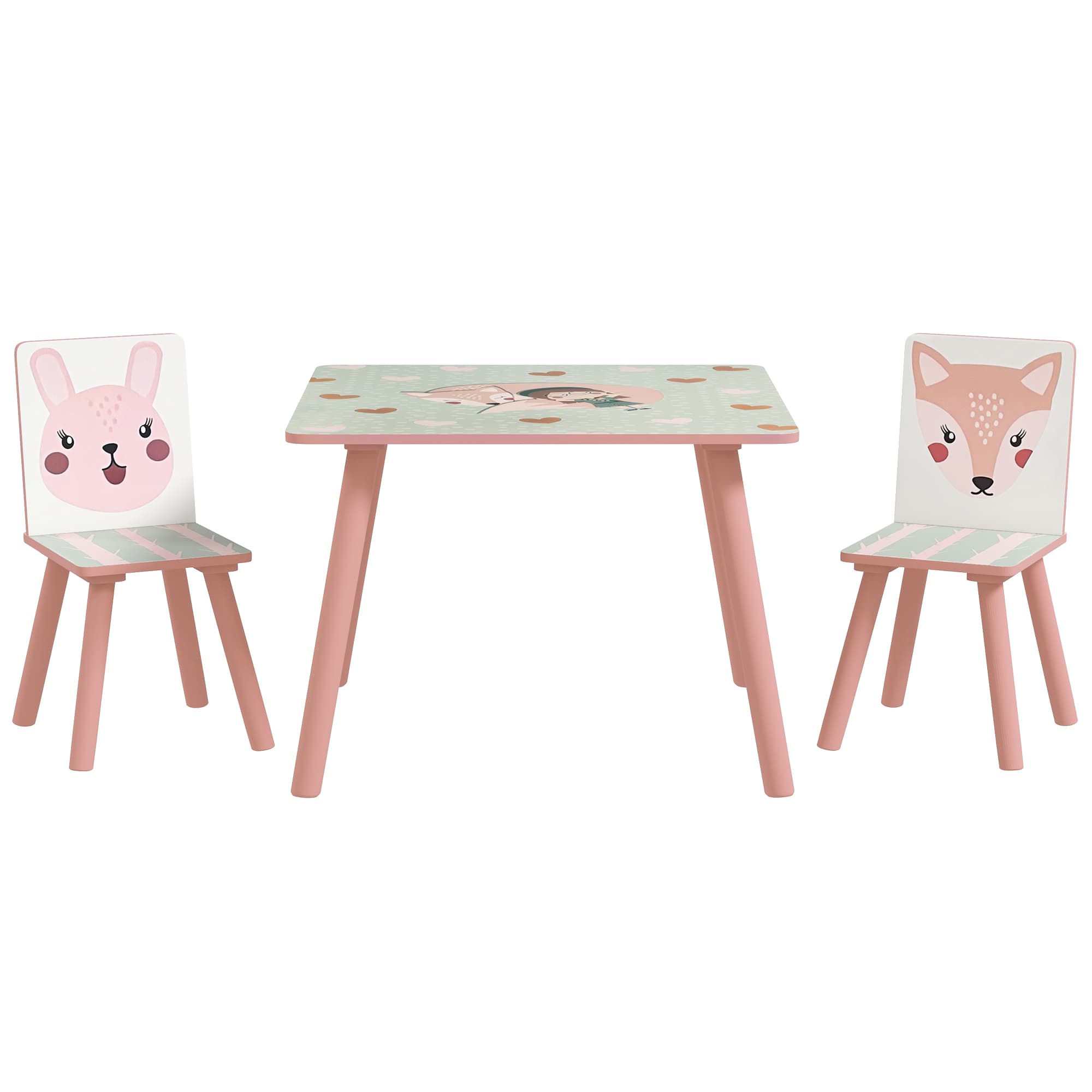 ZONEKIZ Ensemble table et chaises pour enfants, table pour enfant avec 2 chaises, motif animaux pour chambre à coucher rose