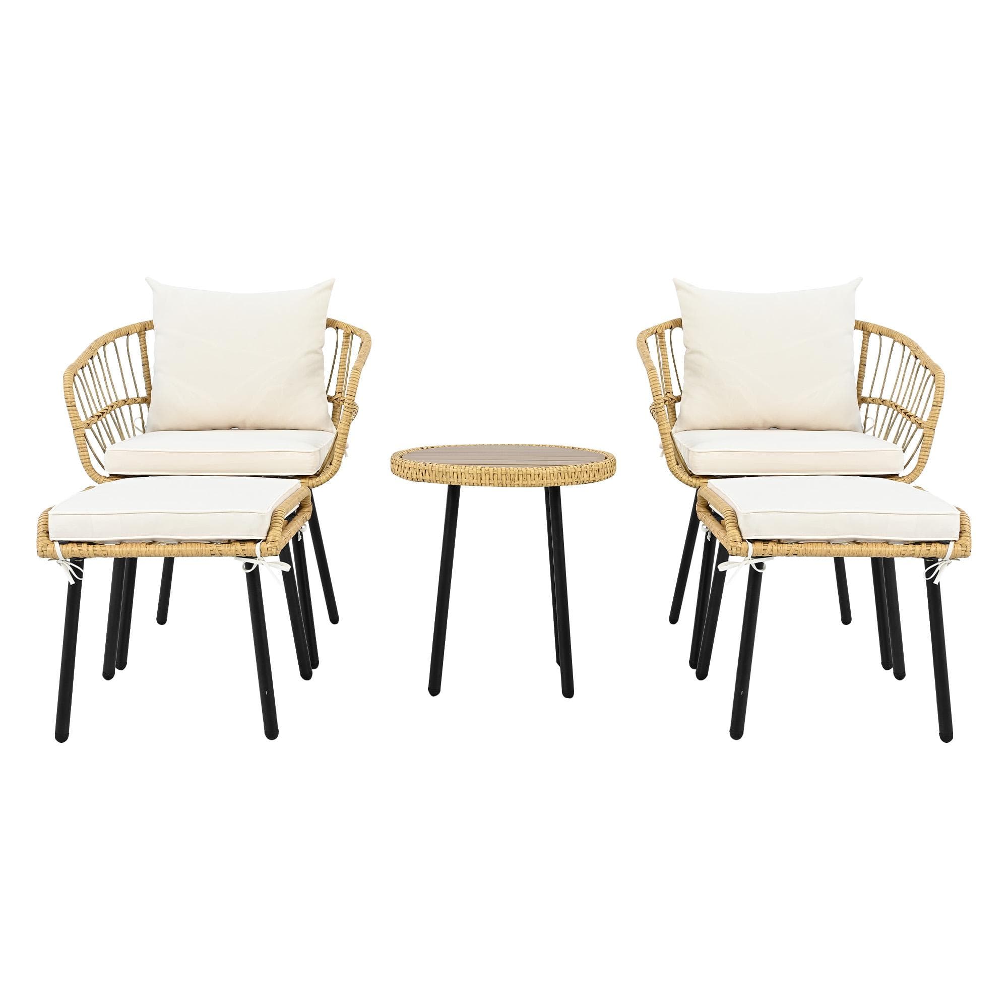 Salon de jardin 5 pièces, Table et chaise de jardin, avec 1 table à manger, 2 chaises, 2 tabourets, Blanc+Couleur naturelle Aosom France