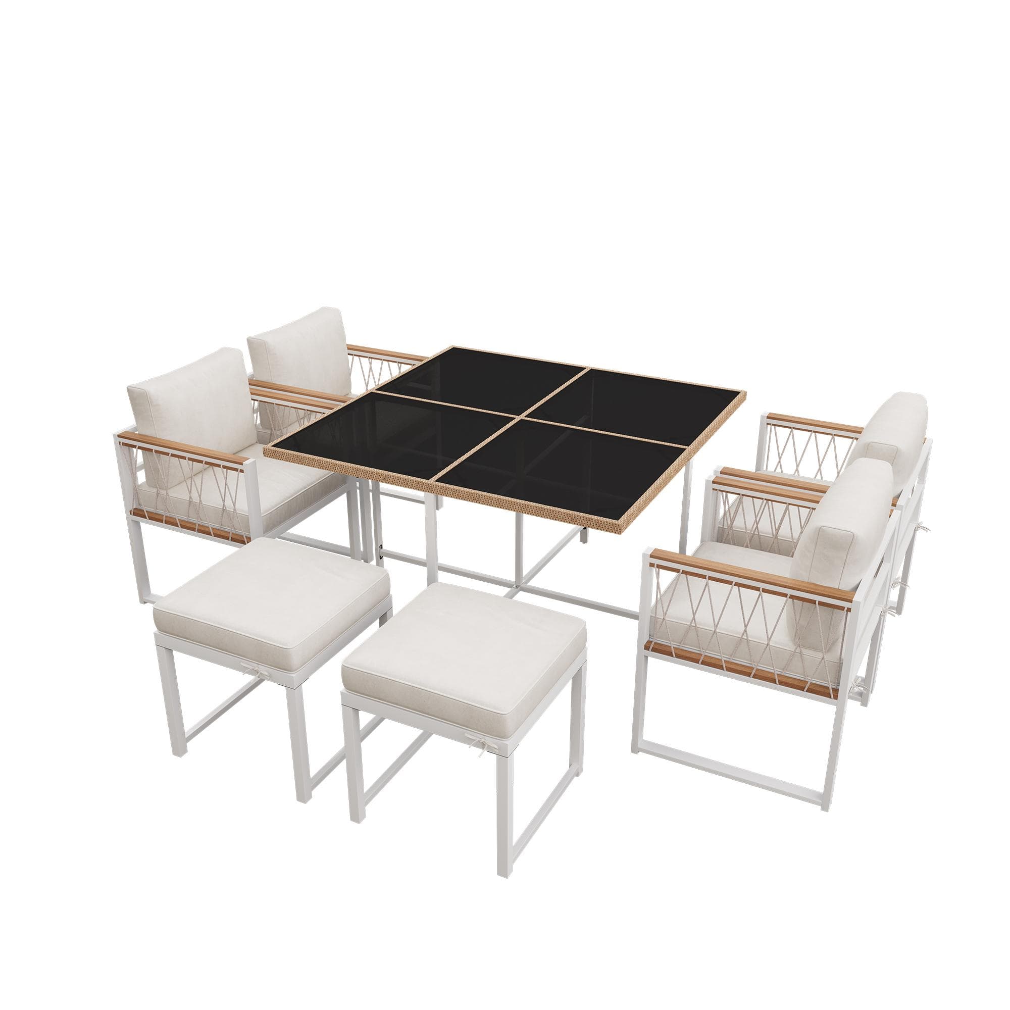 Ensemble table et chaise de jardin 7 pièces avec table en verre trempé, rotin tressé, coussins de siège, pour 6 personnes Naturel+Blanc Aosom France