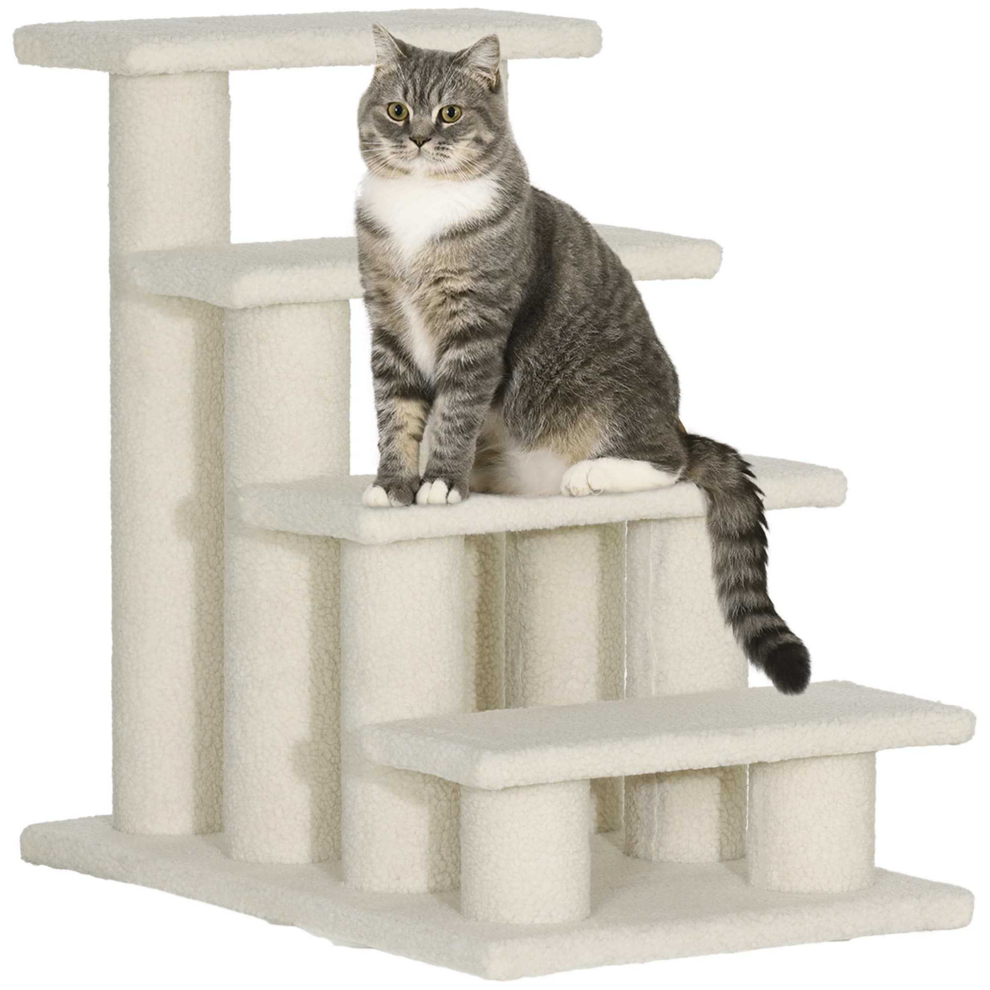 PawHut Arbre à chat Escalier pour Chien & Chat 4 marches en cachemire d'agneau - 63,5x43x60 cm, Marron clair Aosom France