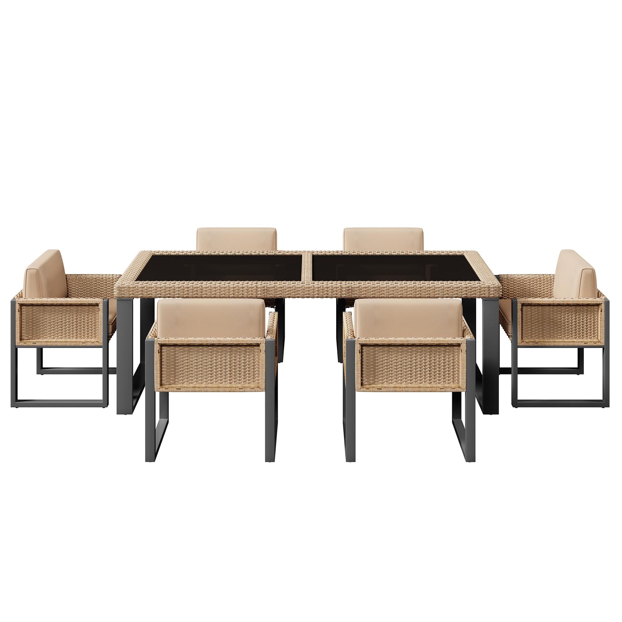 Ensemble table et chaises en rotin, avec 1 table et 6 chaises, plateau en verre trempé, Marron