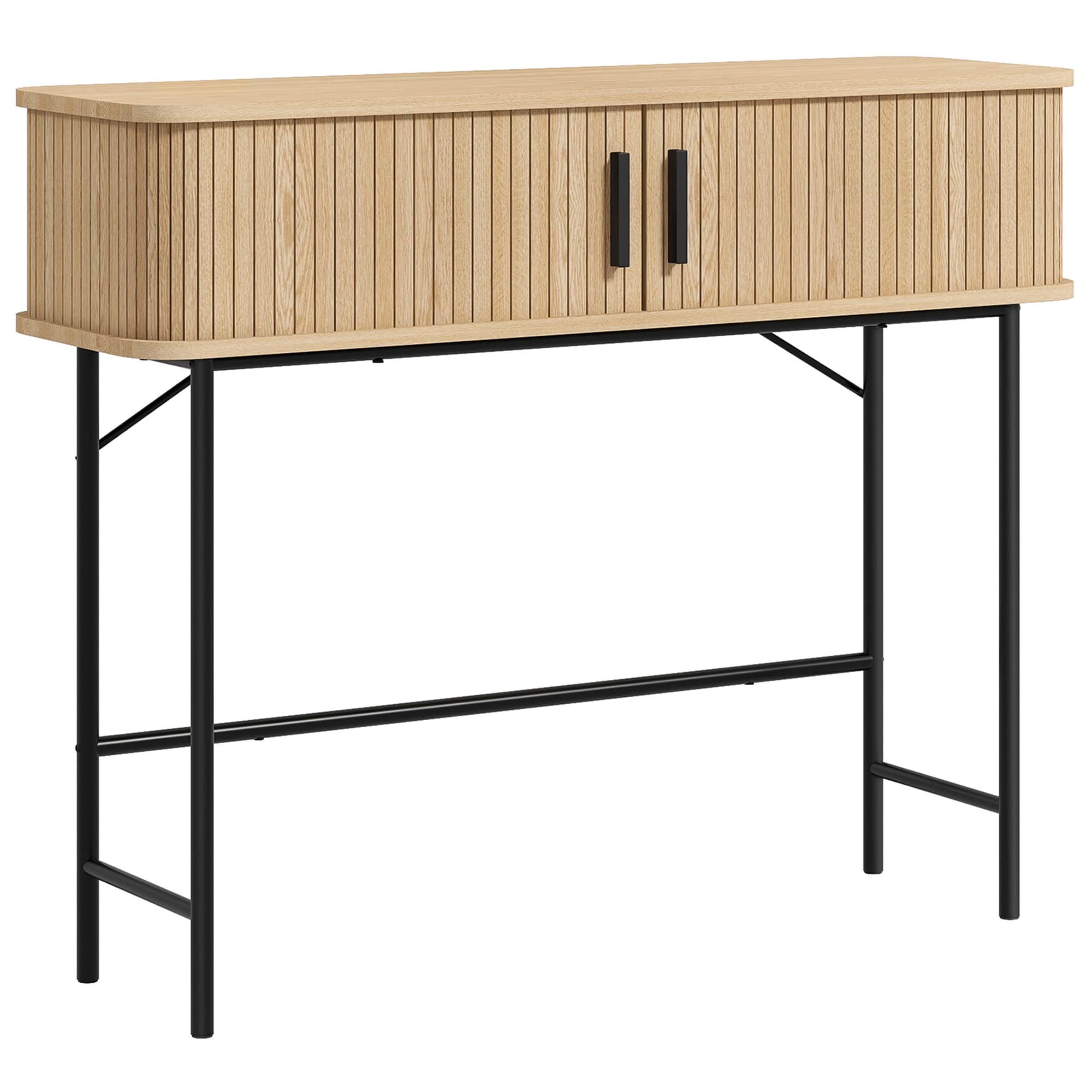 HOMCOM Console meuble, table console avec portes coulissantes à lattes et pieds en acier, pour salon, chêne et noir