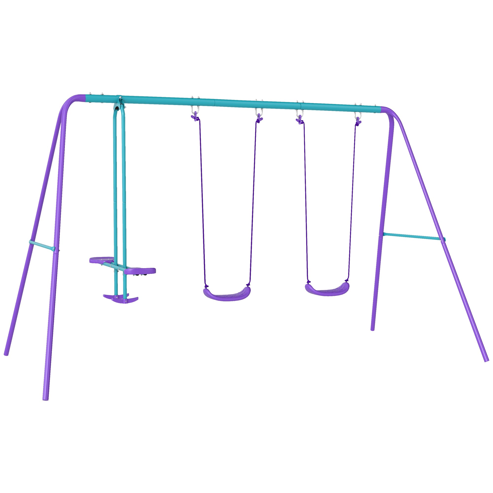 Outsunny Portique balancoire exterieur 3 en 1 avec 1 balançoire face à face et 2 sièges de balancelle, pour enfants 3+ans, violet