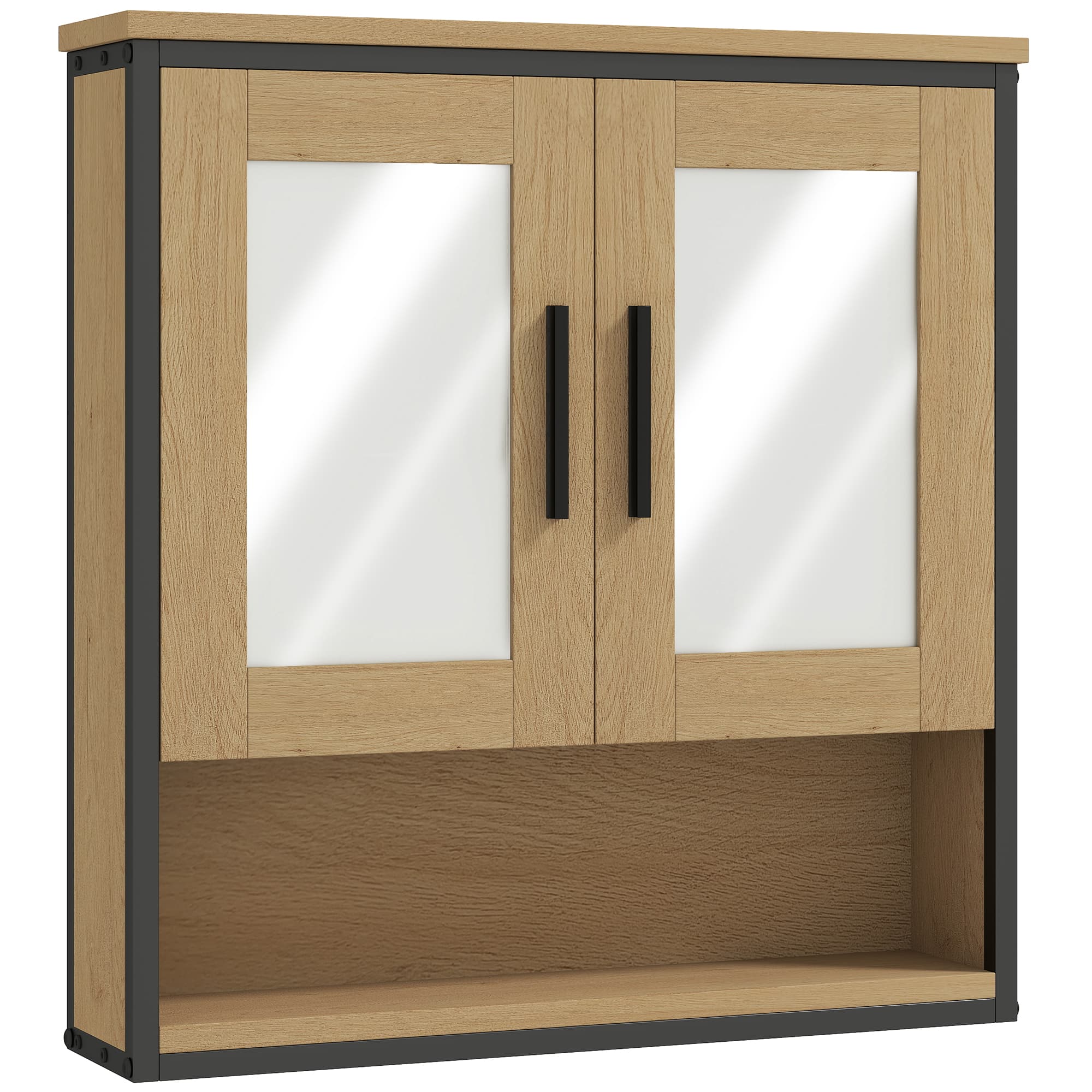 HOMCOM Armoire murale salle de bain avec miroir, meuble salle de bain avec compartiment ouvert et étagère réglable, chêne