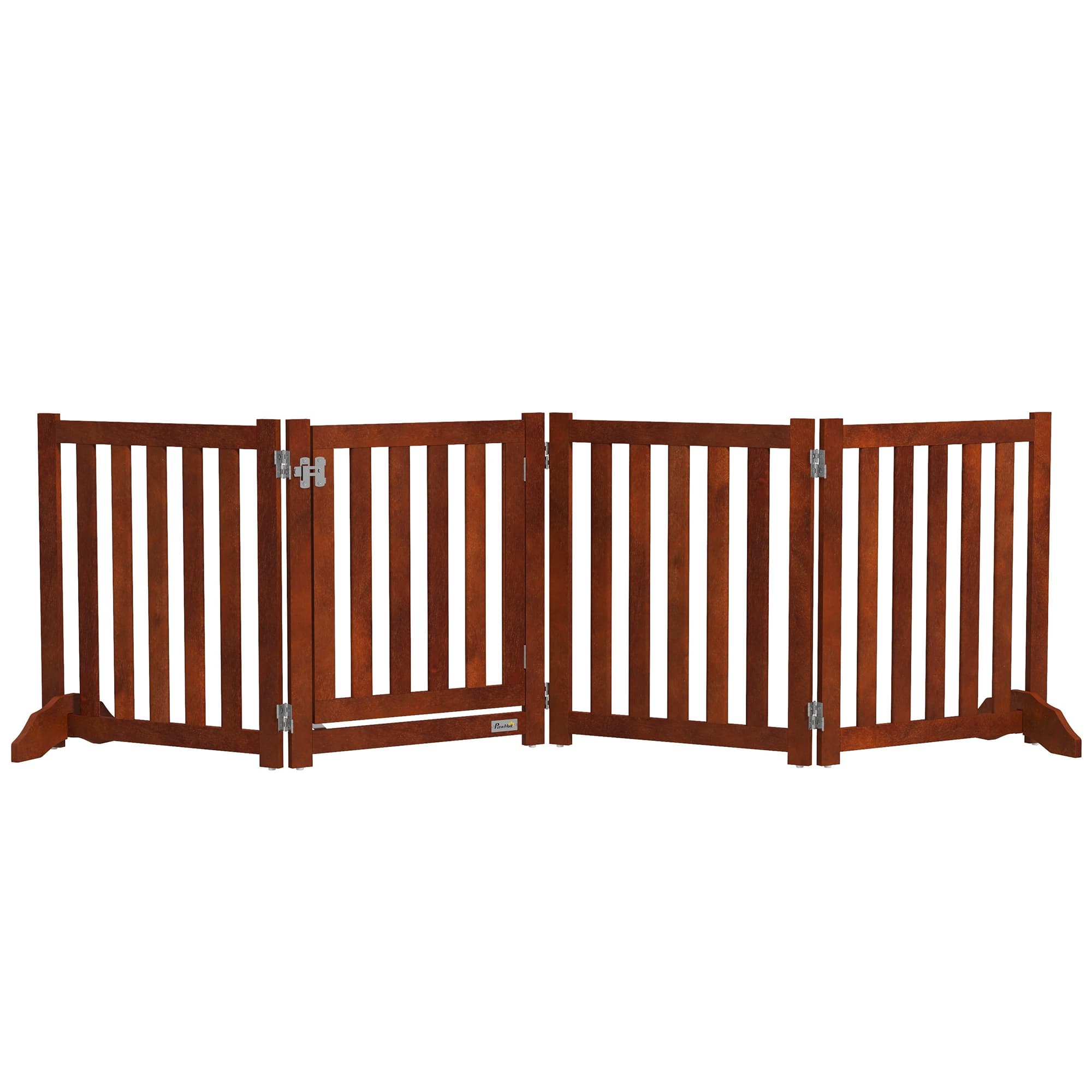 PawHut Barrière de sécurité chien pliable double face en bois, 4 panneaux avec porte, pieds de support, 205 x 60 cm, marron