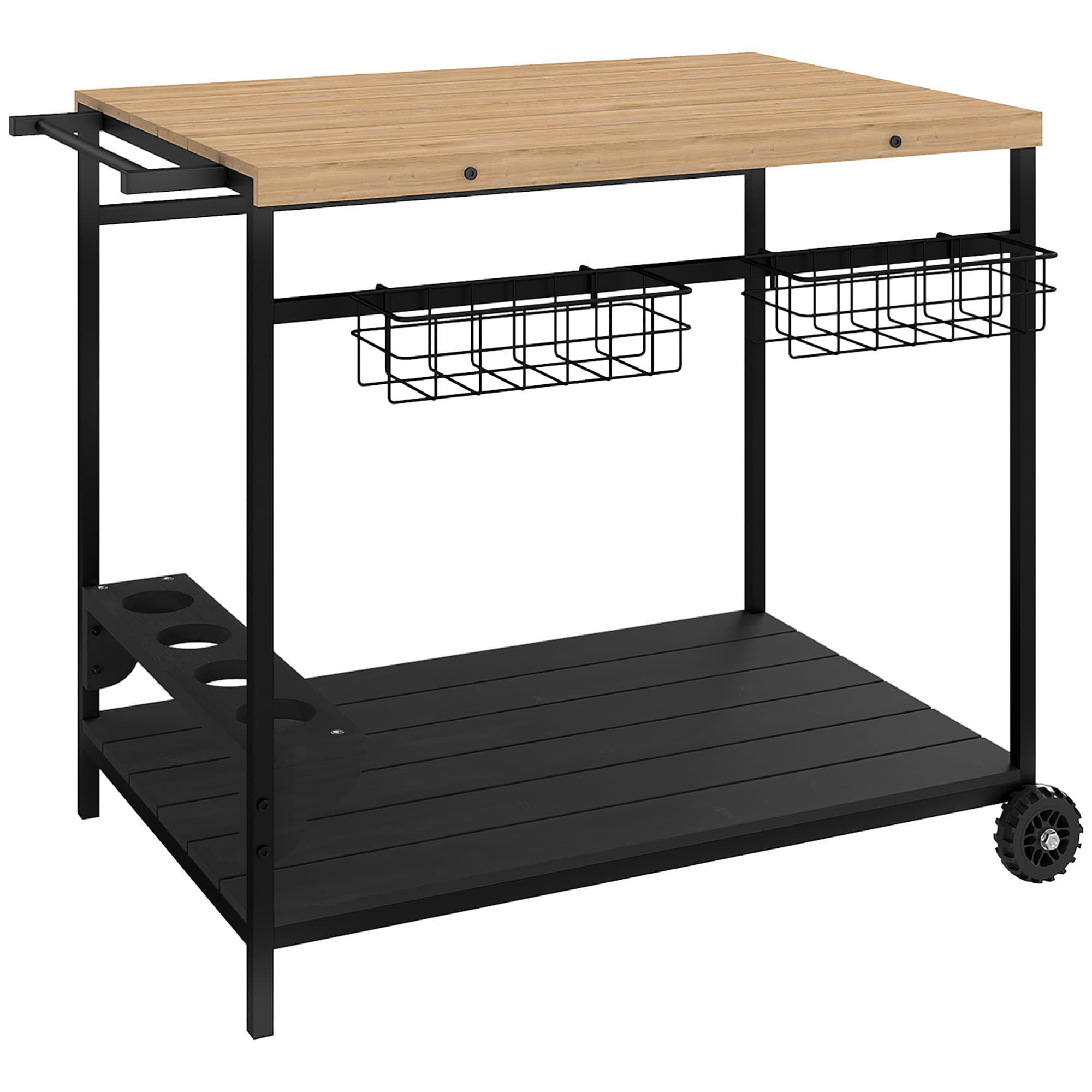 Outsunny Desserte de jardin chariot pour plancha barbecue en bois et métal avec poignée 2 plateaux 2 paniers et porte-bouteilles
