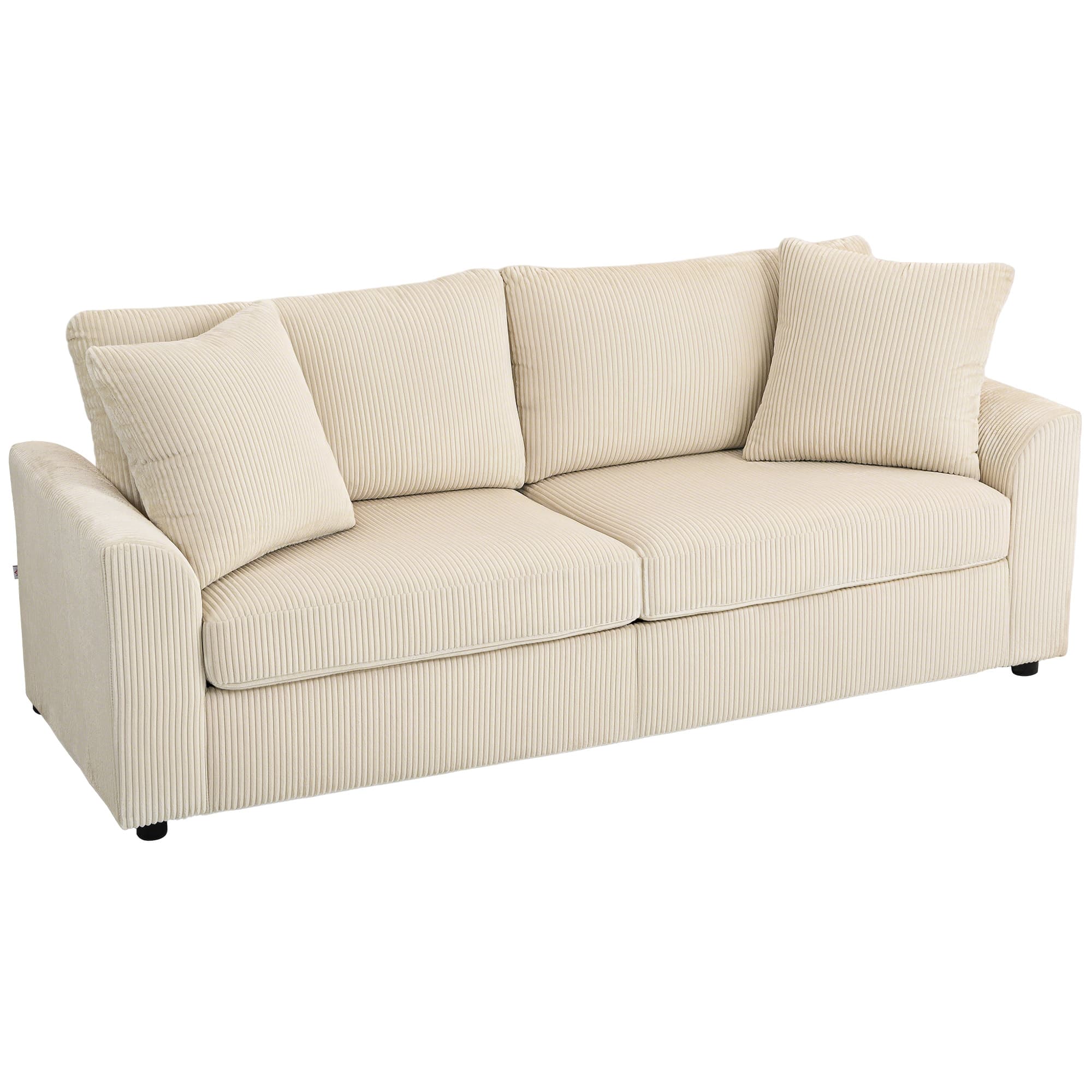 HOMCOM Canapé 3 places 212 cm avec 2 coussins à ressorts, tissu velours côtelé, pour salon, chambre, bureau à domicile, crème