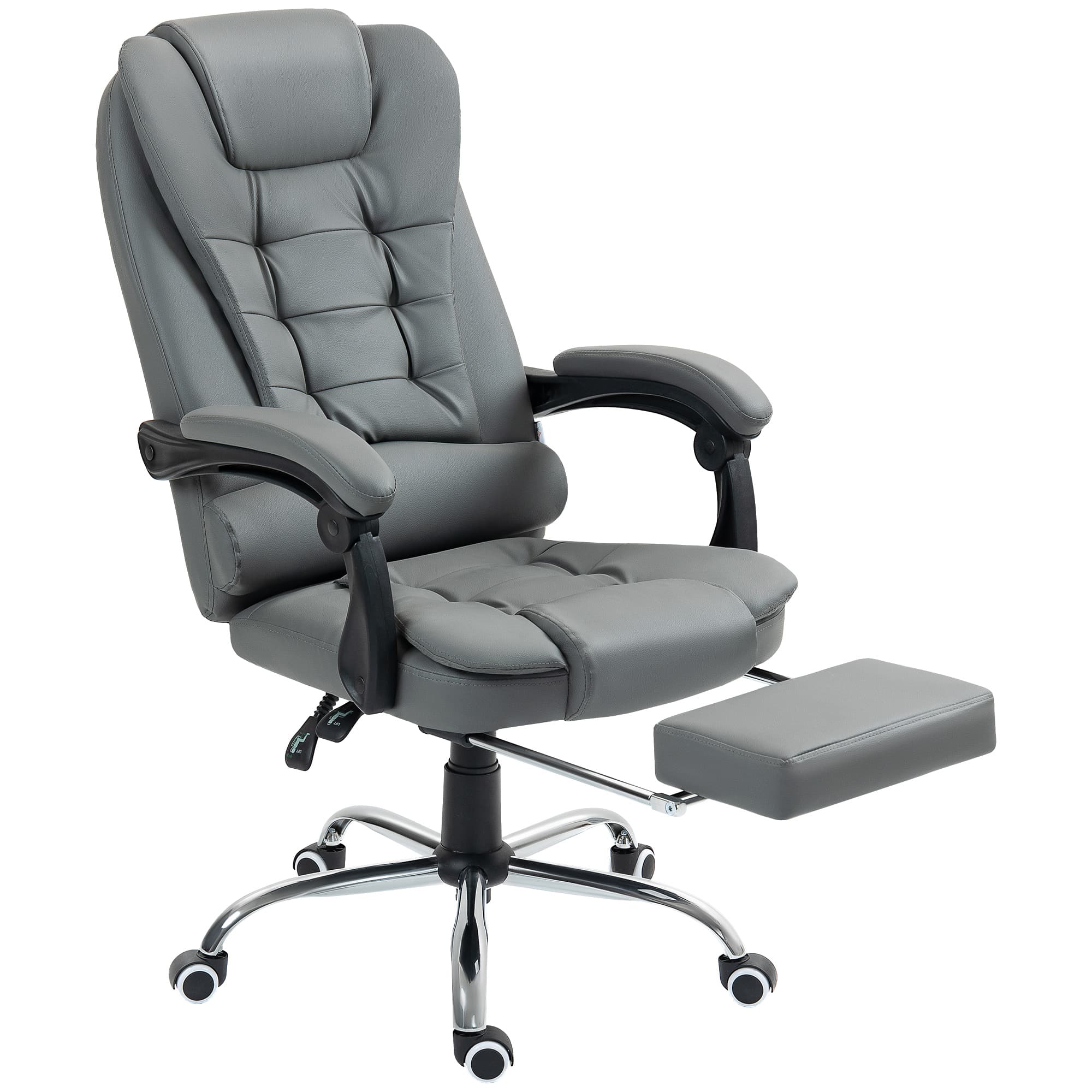 HOMCOM Fauteuil de bureau fauteuil manager grand confort dossier inclinable roulettes PU 64,5 x 69 x 117 cm gris