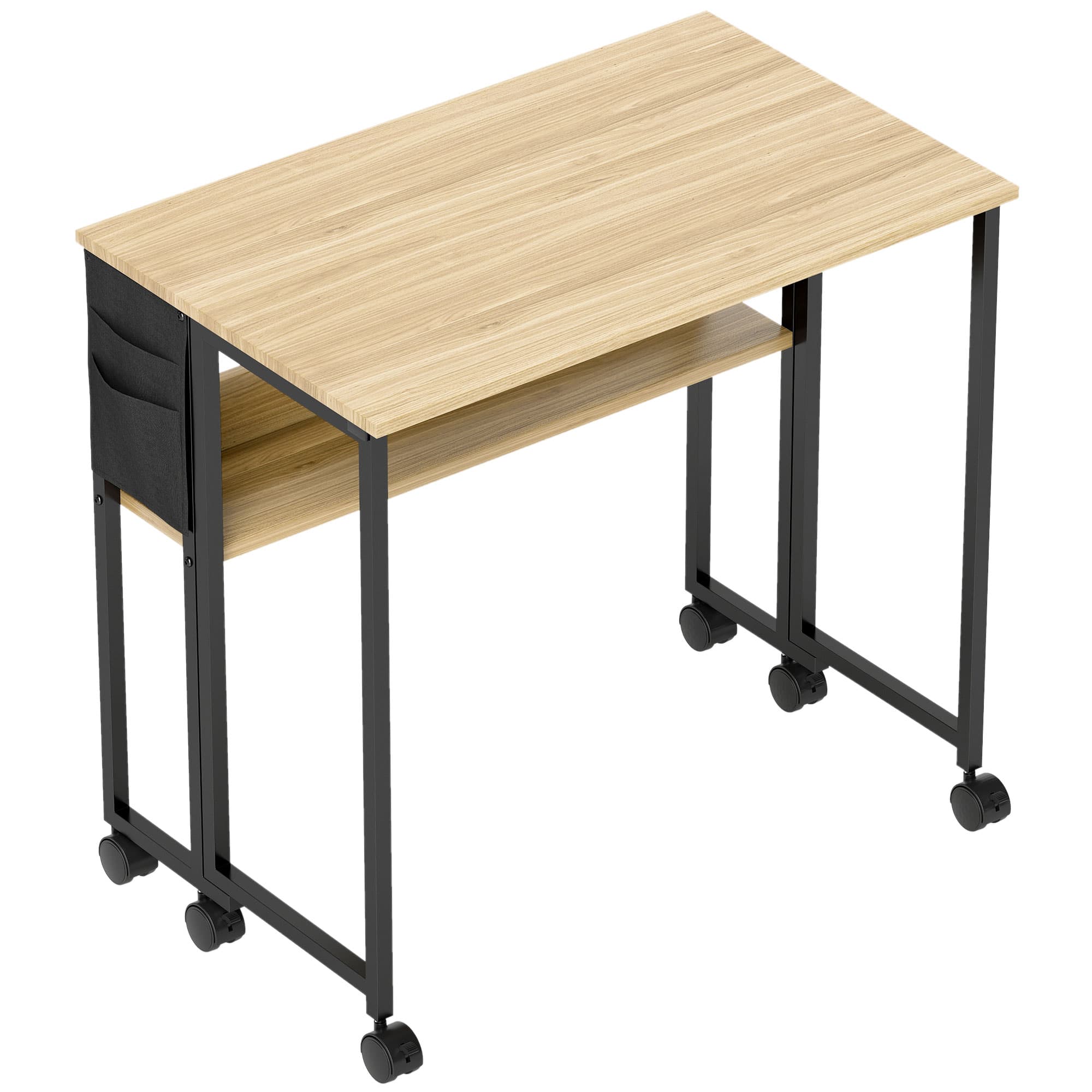 HOMCOM Bureau pliable sur roulettes 80 x 50 cm avec étagère et sac de rangement, chêne
