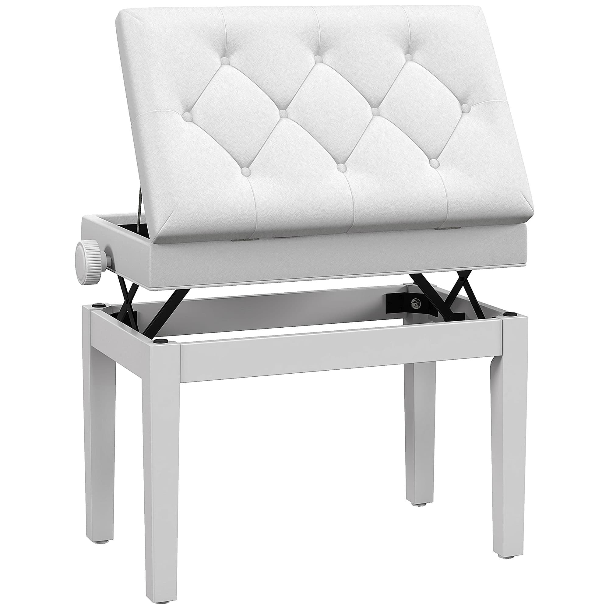 HOMCOM Banc de piano, banc de clavier réglable en hauteur en bois massif, compartiment de rangement, 55 x 33 x 48-58 cm blanc